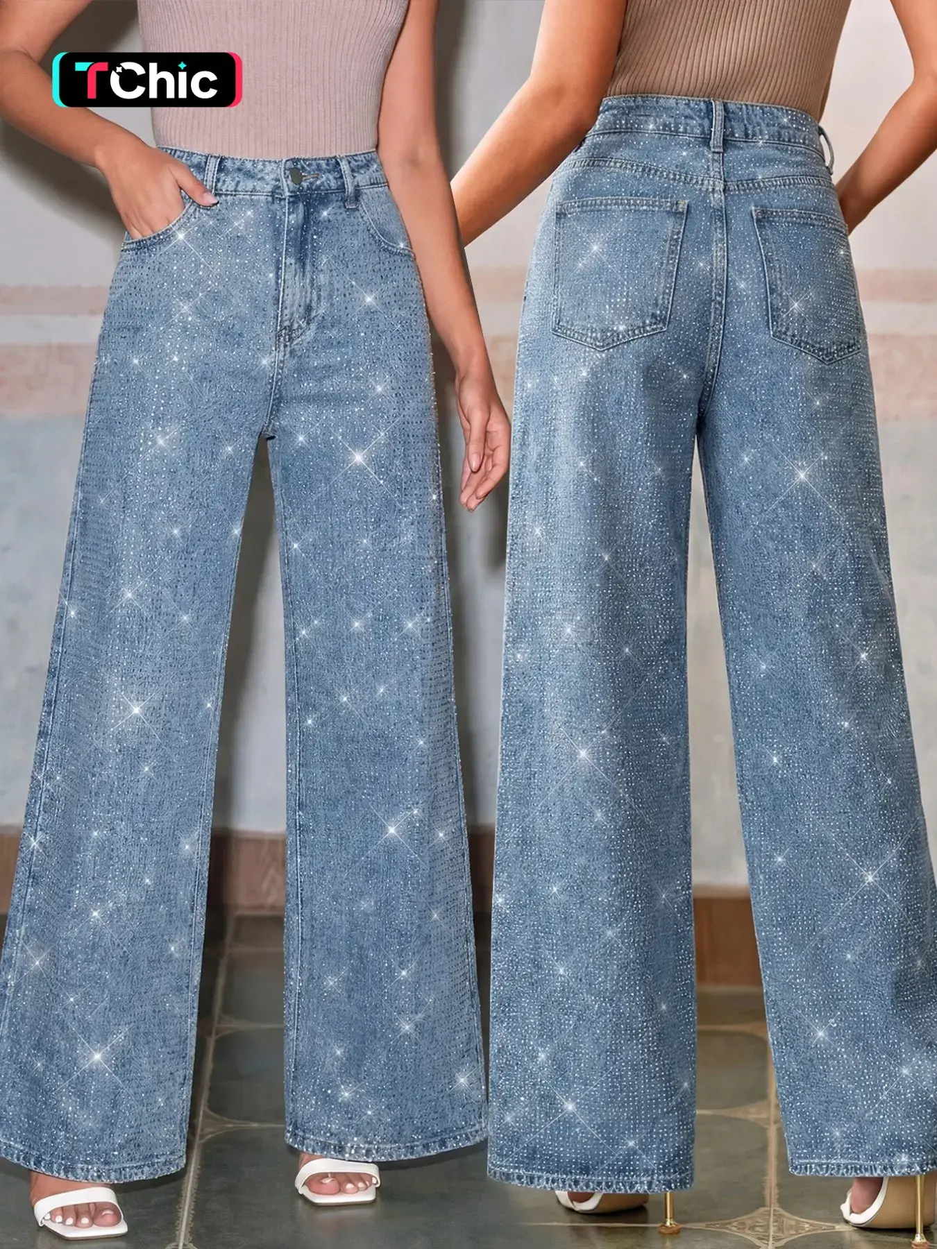 Women's High Waist Fit Light Blue Washed Rhinestone Wide Leg Everyday Jeans, Sparkly Rhinestone Decorated Denim Long Pants, Y2K American Style Chic Statement Bottoms