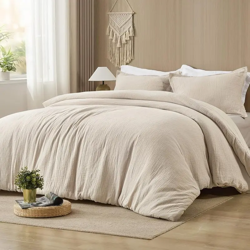 Queen Size Cotton Muslin Comforter Set with 2 Pillow Shams - Breathable Softness, Ultra Lightweight, All-Season Bedding, Contemporary Farmhouse Home Decor, Solid Texture