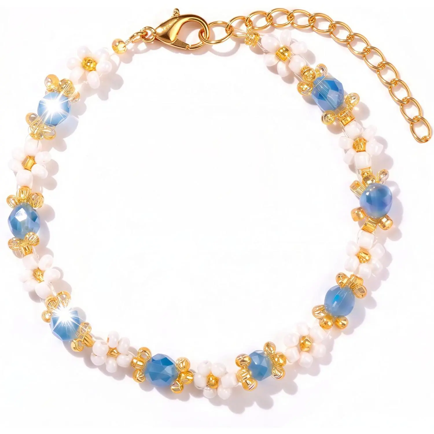 Dainty Seed Bead Flower Bracelet for Women, Blue Glass Beads with  Accents, Minimalist Floral Beaded