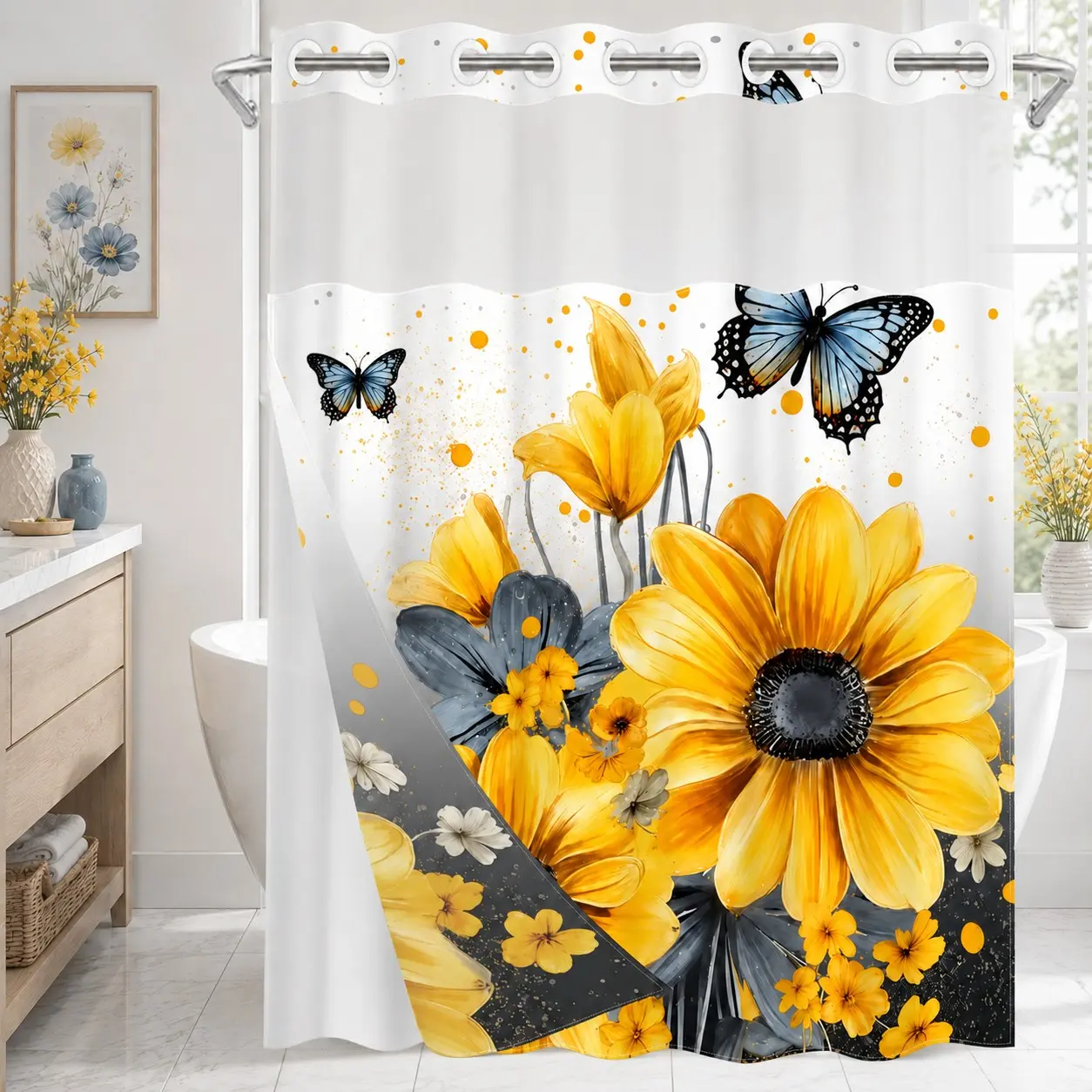 1 pc hook-free double-layer shower curtain Butterfly Shower Curtain printed with sunflowers and blue butterflies, with detachable snap-on inner liner and see-through mesh screen, suitable for apartments, homes, hotels and dormitories