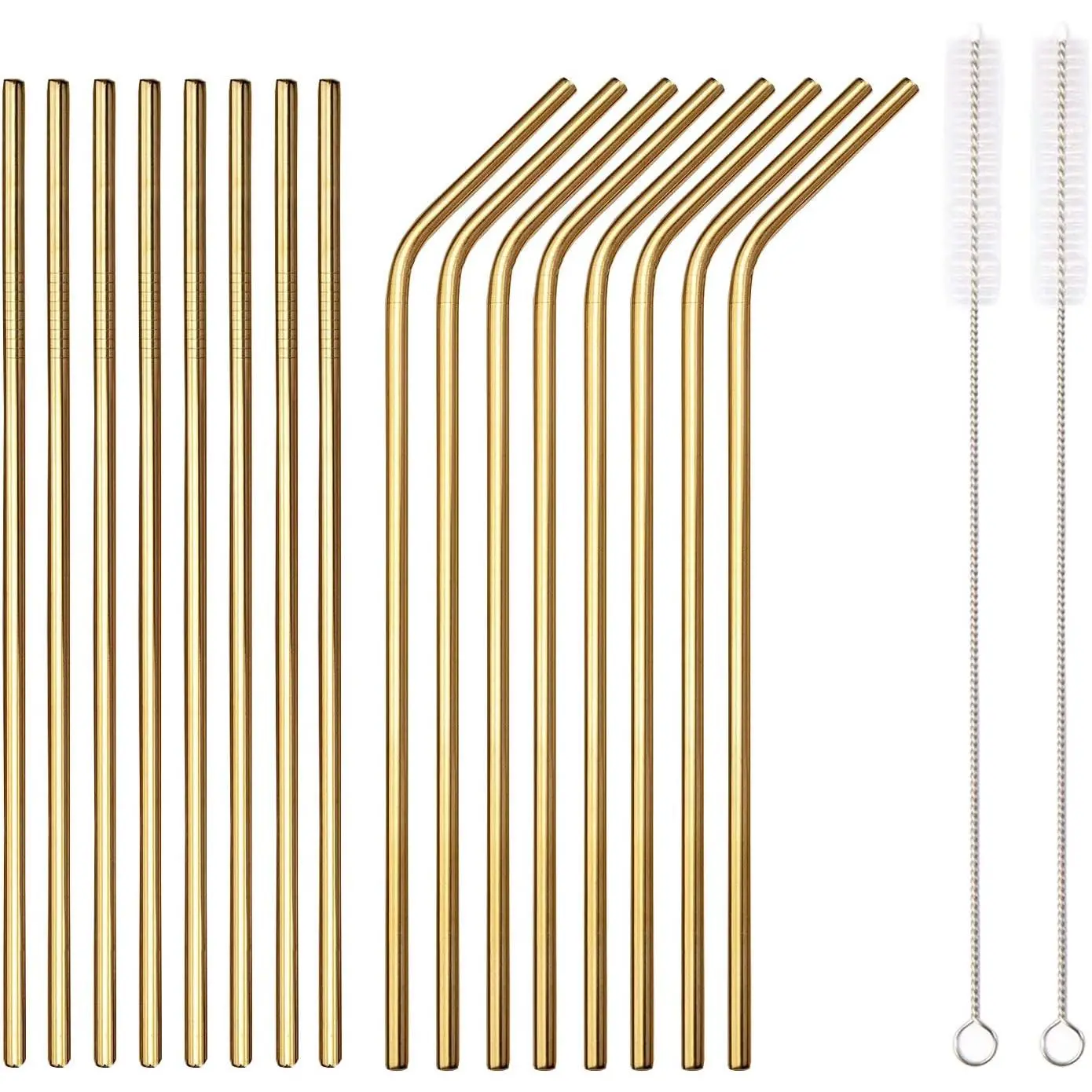 18-Piece Gold Stainless Steel & Copper Reusable Straw Set, 8.5 in Length, Includes 8 Straight/8 Bent Straws & 2 Brushes, Portable Pouch for Baby & Family Wine/Cold Drinks