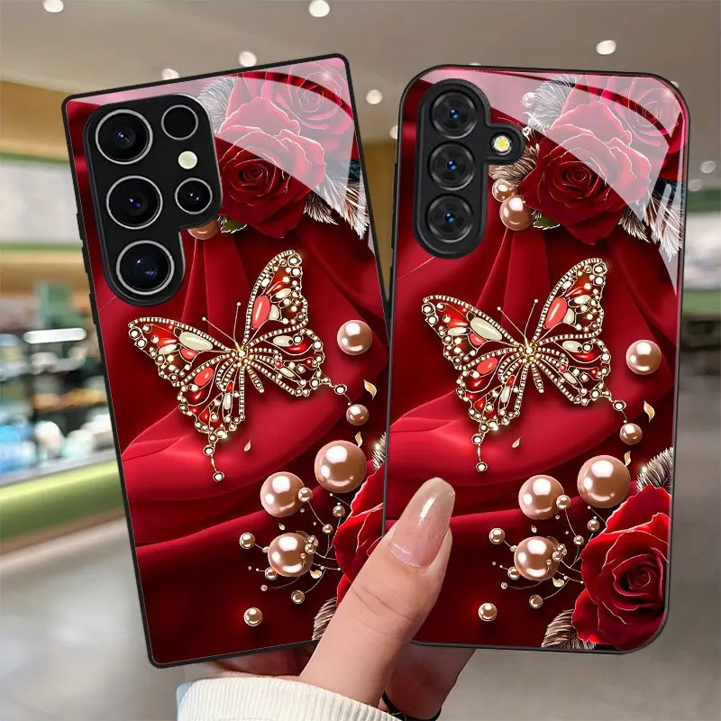 Phone Case: Exquisite Butterfly Pearl Rose Print Pattern Phone Case with Lens Protection, Suitable for Samsung Galaxy A05s/A06/A14/A15/A16/A17/A23/A24/A25/A26/A32/A34/A35/A36/A52/A52s/A53/A54/A55/A56/S21/S22/S23 /S24/S25/S26/iPhone 17/16/15/14/13/12/11
