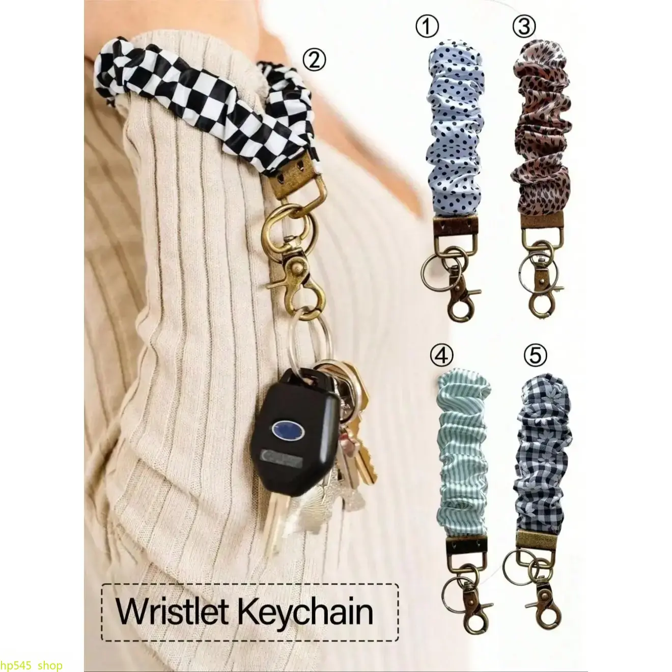 Women's Scrunchie Wristlet Keychain - Casual Daily Wear Fabric Band Wrist Lanyard with Checkered, Daisy, Striped Prints, Secure Clip for Car Keys, Bag Charm, Checkered Print, Multiple Styles