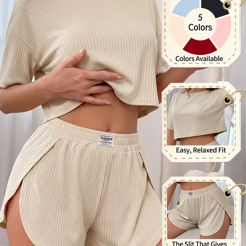 Women's Spring Summer Pajama Set, Solid Color Fitted Casual Sleepwear Loungewear, Short-Sleeve Top and High-Split Shorts, Comfortable Casual Home Nightwear