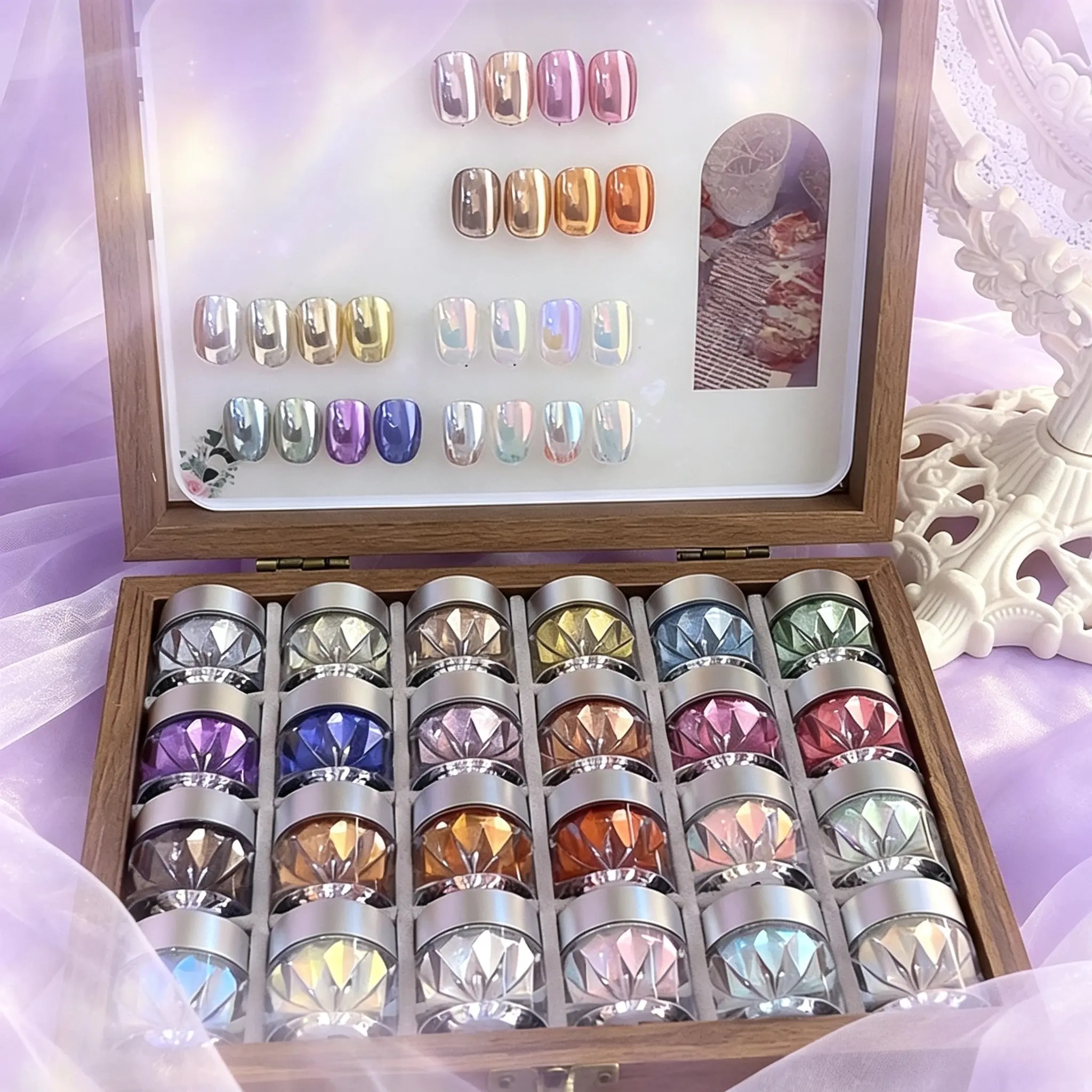 24 Jars Mirror Nail Powder Wooden Storage Box Set, Aurora Mermaid Shell Metallic Mirror Pigment, Ultra Fine No Fallout Easy Application, Create Glass Bead Cat Eye Mirror French Manicure, Large Multi-color Mirror Powder Kit For Nail Salon, French Nail Art
