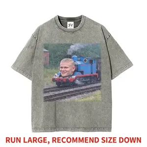 Erling Haaland Thomas The Tank Engine Train Parody Funny Soccer Meme Graphic Tee, Heavyweight Boxy Fit T-Shirt, Vintage Washed Extremely Oversized, Pure Cotton
