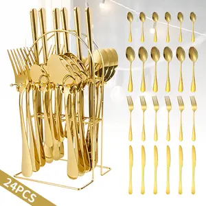 24PCS Hanging Flatware Set, Stainless Steel Utensils Set with Stand,Eating Tableware Set Include Fork Knife Spoon Set,Cutlery Set Service for 6, Dishwasher Safe