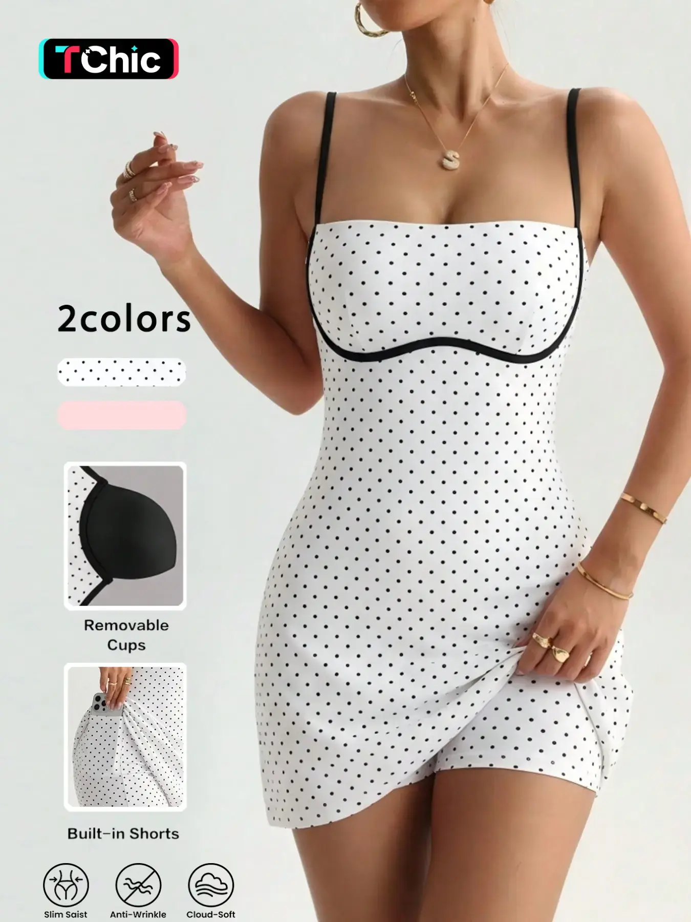 Women's Polka Dot Spaghetti-Strap Tennis Casual Dress, Comfortable Above-the-Knee Golf Skirt with Built-in Shorts and Removable Cups