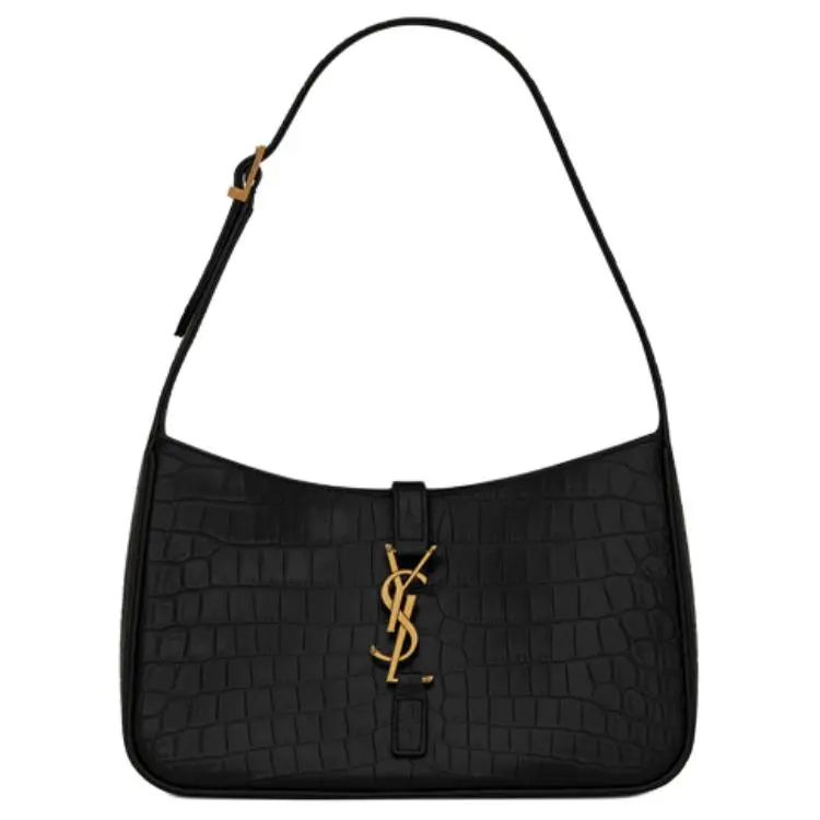 Saint Laurent YSL Le 5 A 7 Crocodile-Embossed Leather Crossbody Bag for Women, Gold Logo Hook Closure, Black