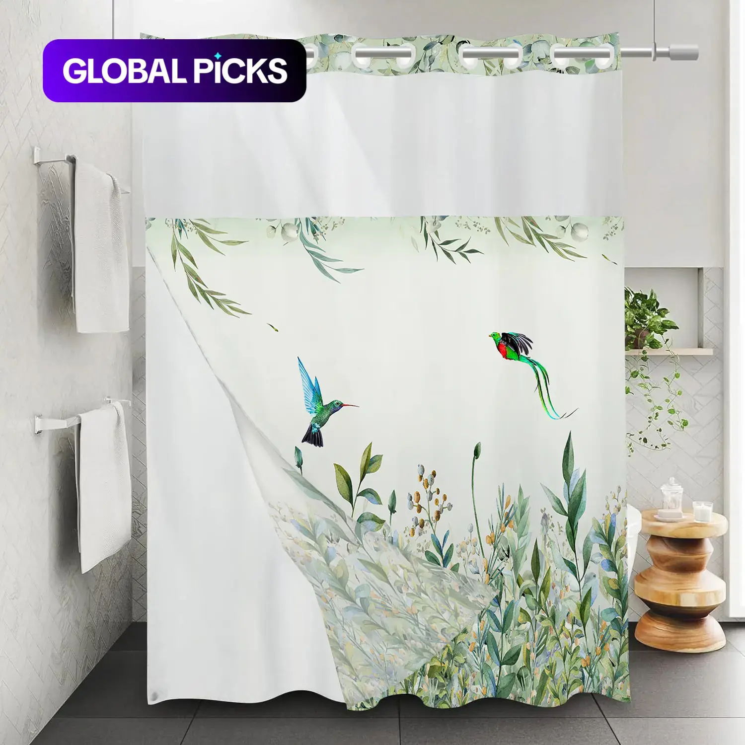Bird & Flower Pattern Decorative Aesthetic Shower Curtain, Pastel Hook-Free Waterproof Design, Bathroom Decoration Accessory for Home Decor #GLOBAL PICKS