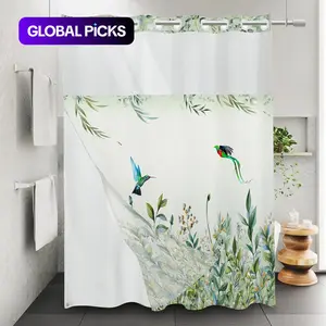 Bird & Flower Pattern Decorative Shower Curtain, Pastel Hook-Free Waterproof Design, Bathroom Decoration Accessory for Home Decor #GLOBAL PICKS
