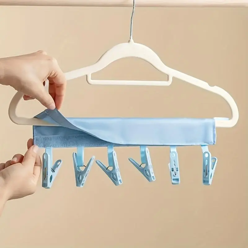 3-Pack Foldable Space Saving Hangers, Fabric Strap Clothing Organizer with 6 Non-Slip Clips for Hanging Towels & Socks - Multifunctional Hanger for Travel, Folding Hangers