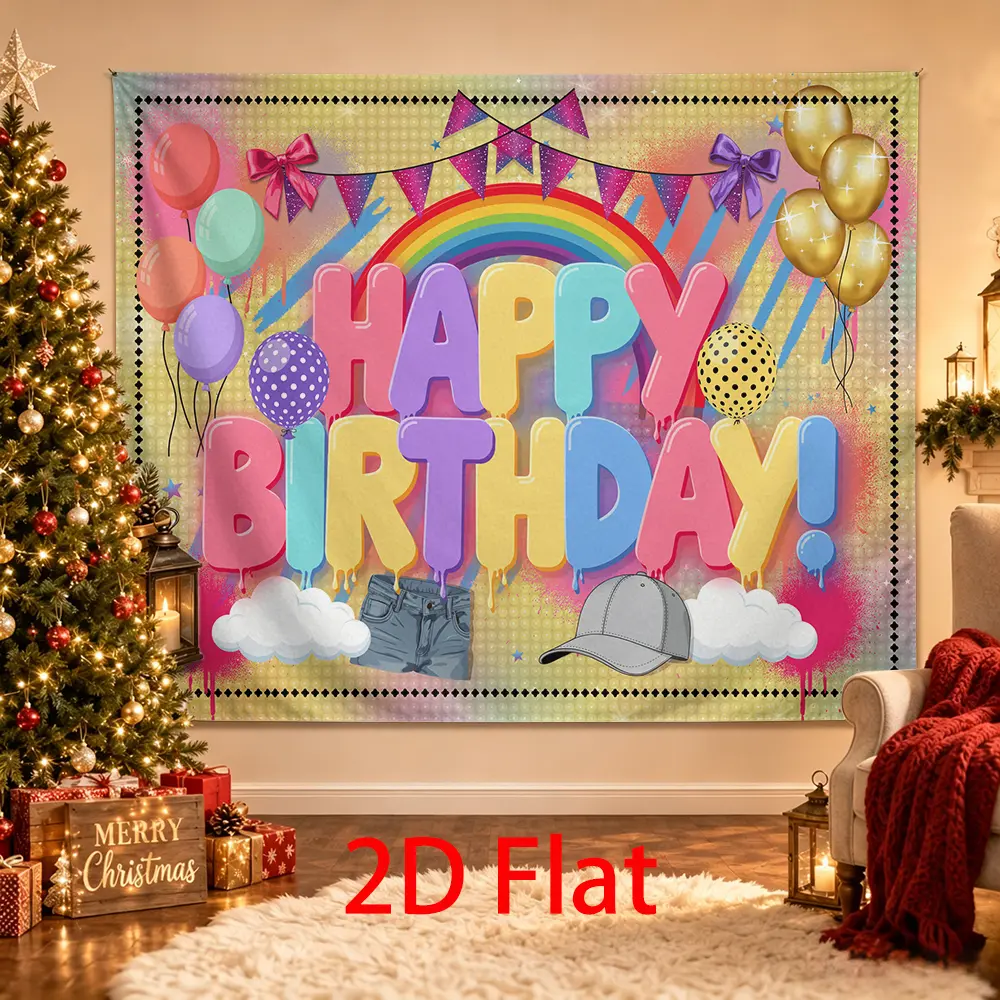 Colorful Retro Birthday Backdrop, Pastel Rainbow Balloon Happy Birthday Party Background, Fun Photo Booth Decoration