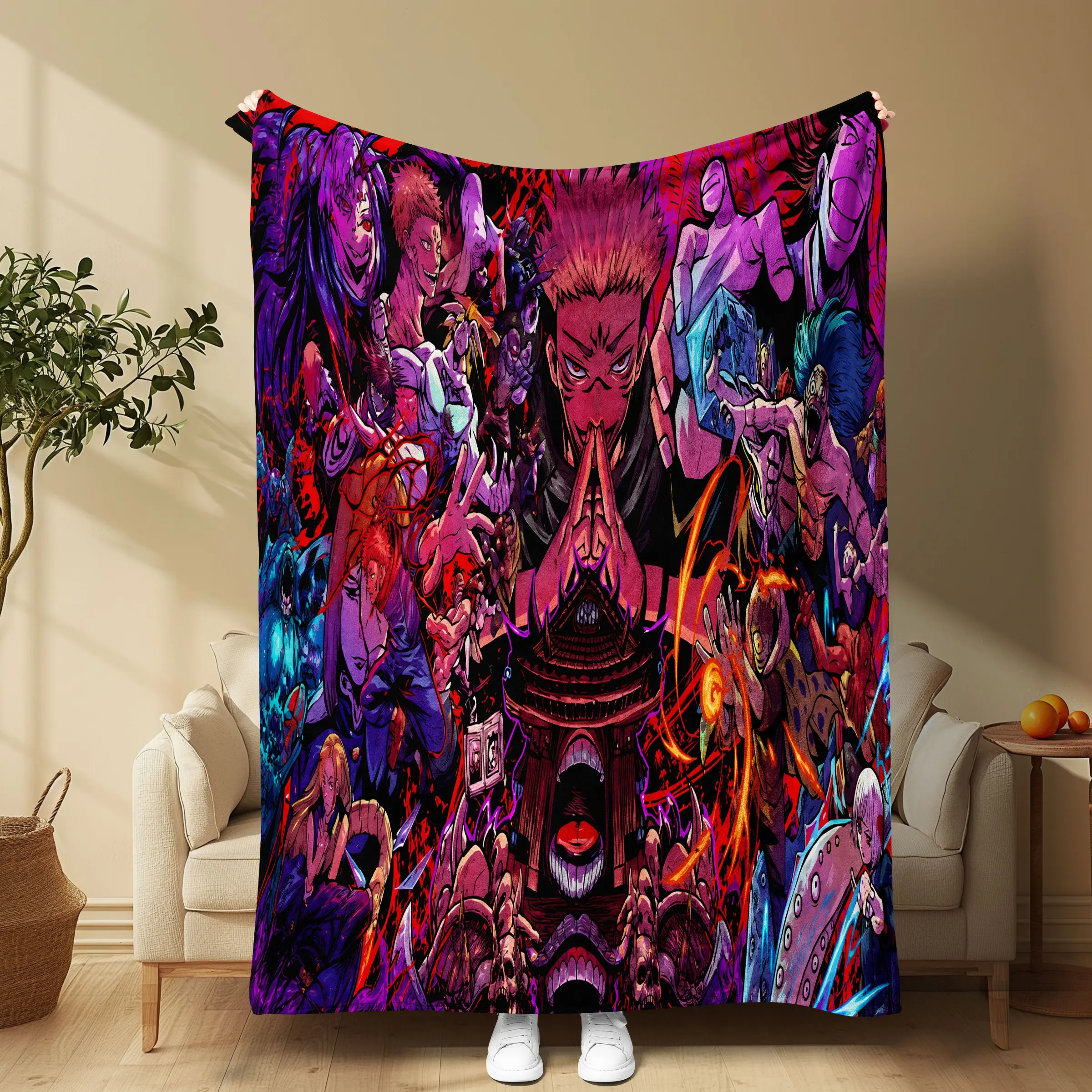 Jujutsu Kaisen Sukuna Soft Flannel Blanket, Vibrant Anti-Hero Design, Dark Jujutsu Atmosphere, Home Decor, Anime Fan Collection
