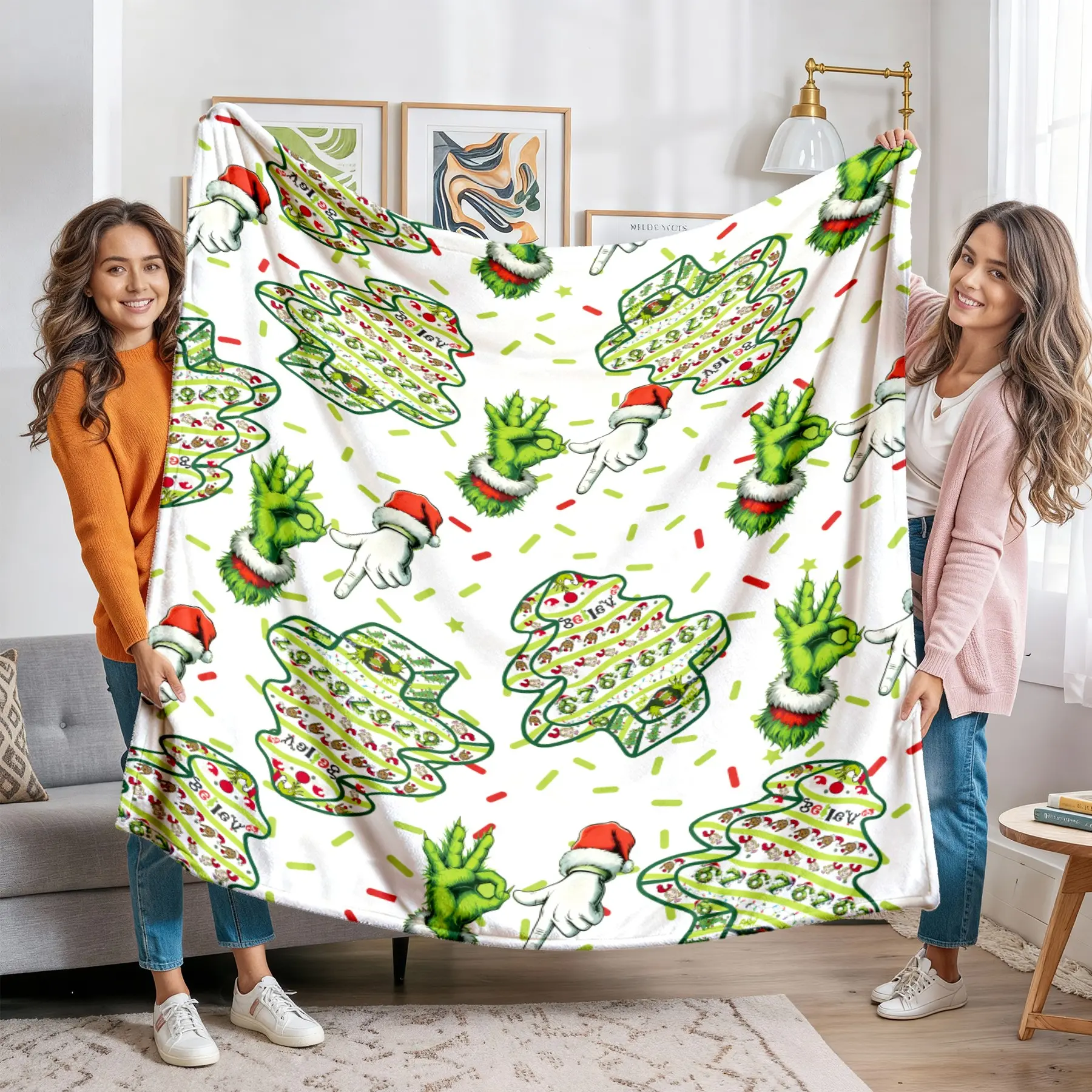 Grinch Ok Hand & Christmas Tree Flannel Throw Blanket, Funny Monster Xmas Print, Holiday Decor Gift for Christmas Party & Sofa Use