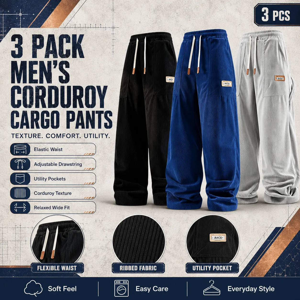 Men's Loose-Fit Corduroy Cargo Pants, Wide-Leg Casual Trousers with Elastic Drawstring Waist, Comfortable Everyday Pants