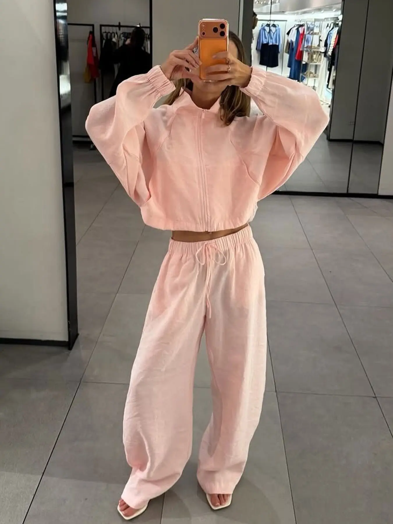 Women's Tracksuit 2 Pieces Sets Summer Women's Suit Stand Collar Zip Up Cropped Jacket Elegant Female Sets Drawstring Wide Leg Flowy Pants Wrinkle Loose Relaxed Fit Y2K  Vacation Two Piece Sets Casual Sporty Set Casual Sportswear Outfit