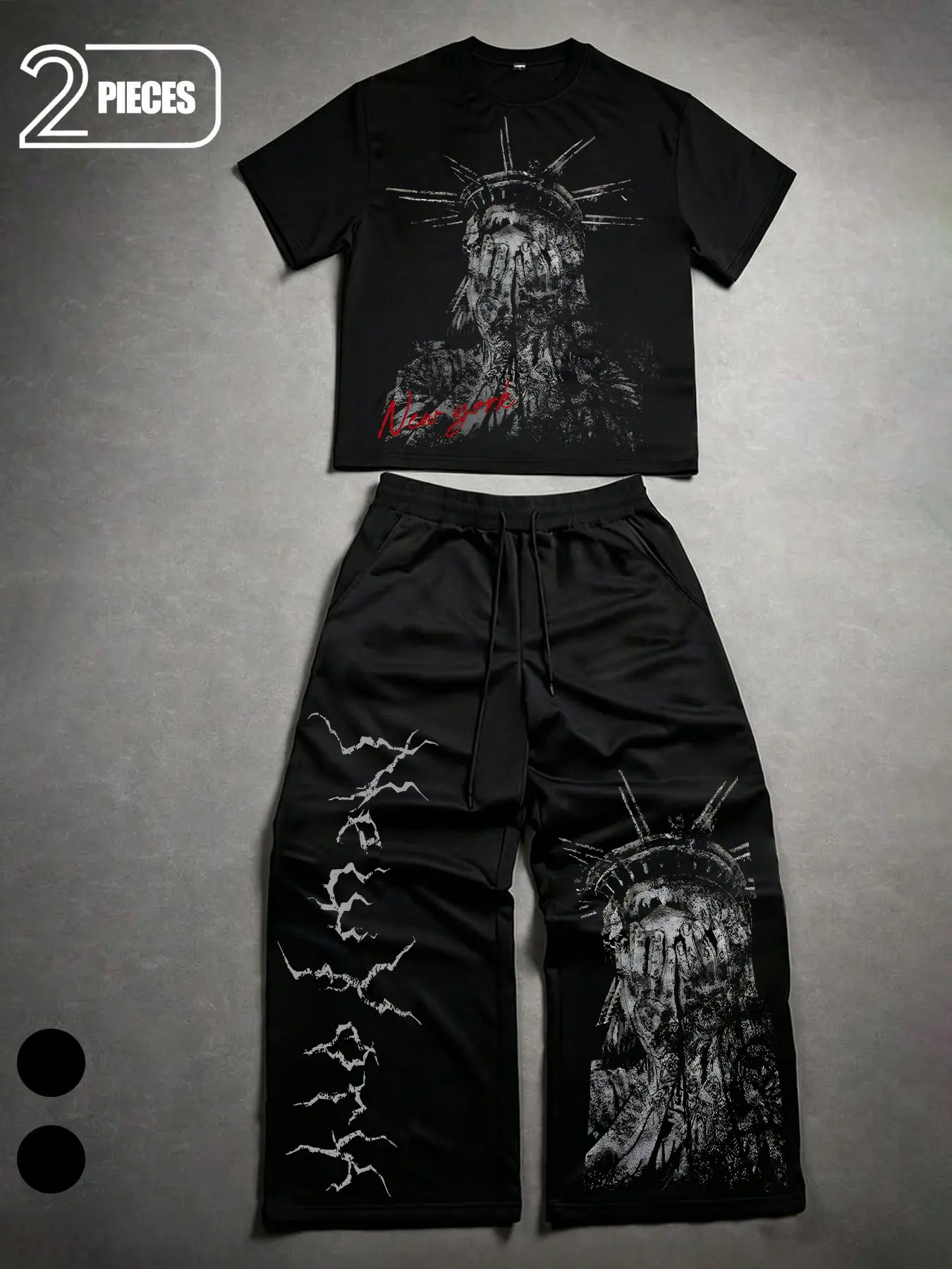 Streetwear Graphic Tee and Wide Leg Pants Matching Clothing Set, 2-Piece Dark Aesthetic New York Print Tracksuit, Comfortable Loose Baggy Outfit for Teens Skater Fashion