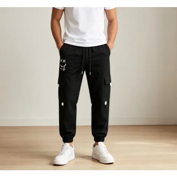 Men's Casual Street Cargo Trousers with Smiley Print, Polyester Weave Joggers with Multiple Pockets for Teens & Young Adults, Year-Round