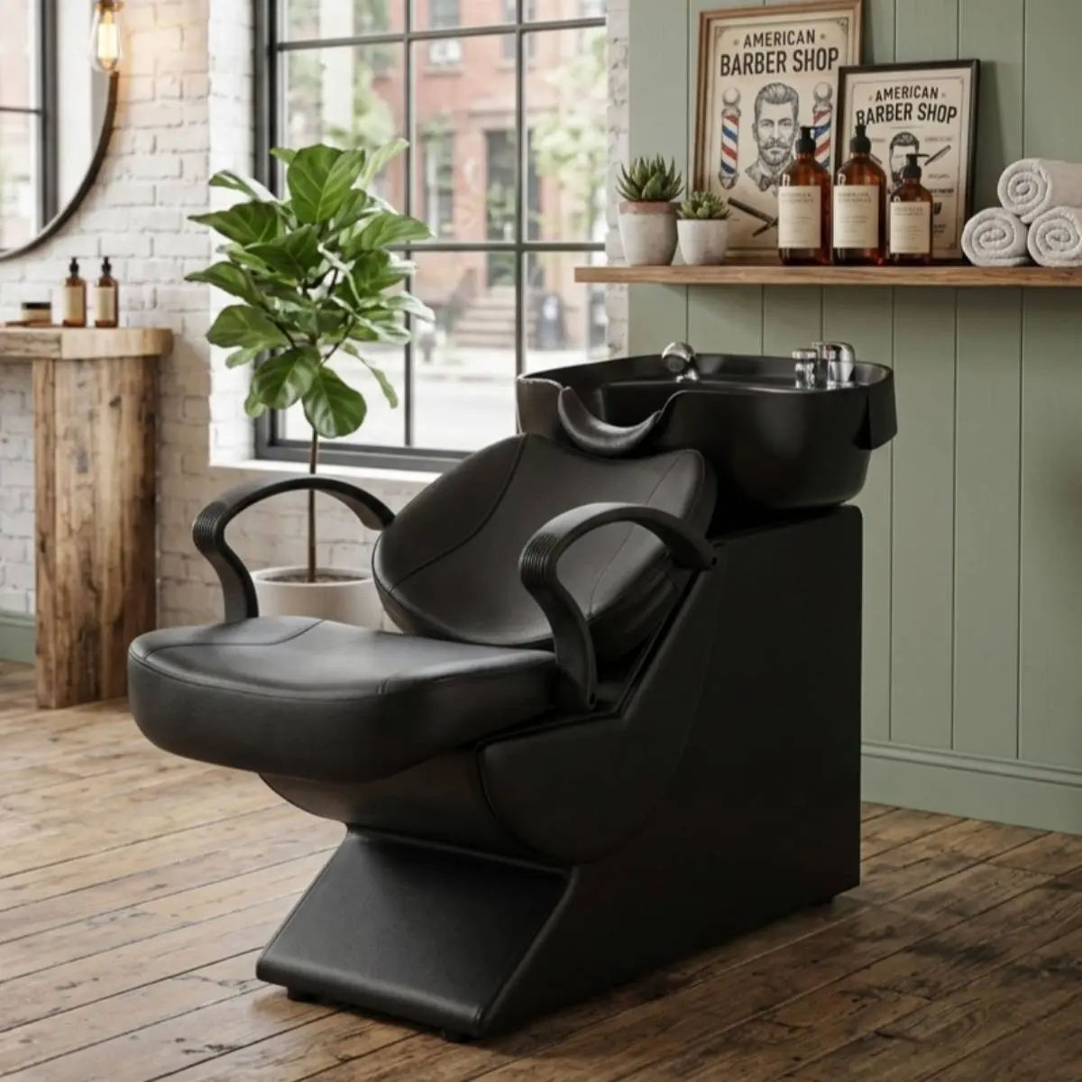 Aobtkel Backwash Barber Chair with ABS Plastic Oversized Bowl Sink Unit Station, Chrome Faucet, Reclining Seat, Single Person Black Commercial Salon Spa Equipment (On-Site Available)