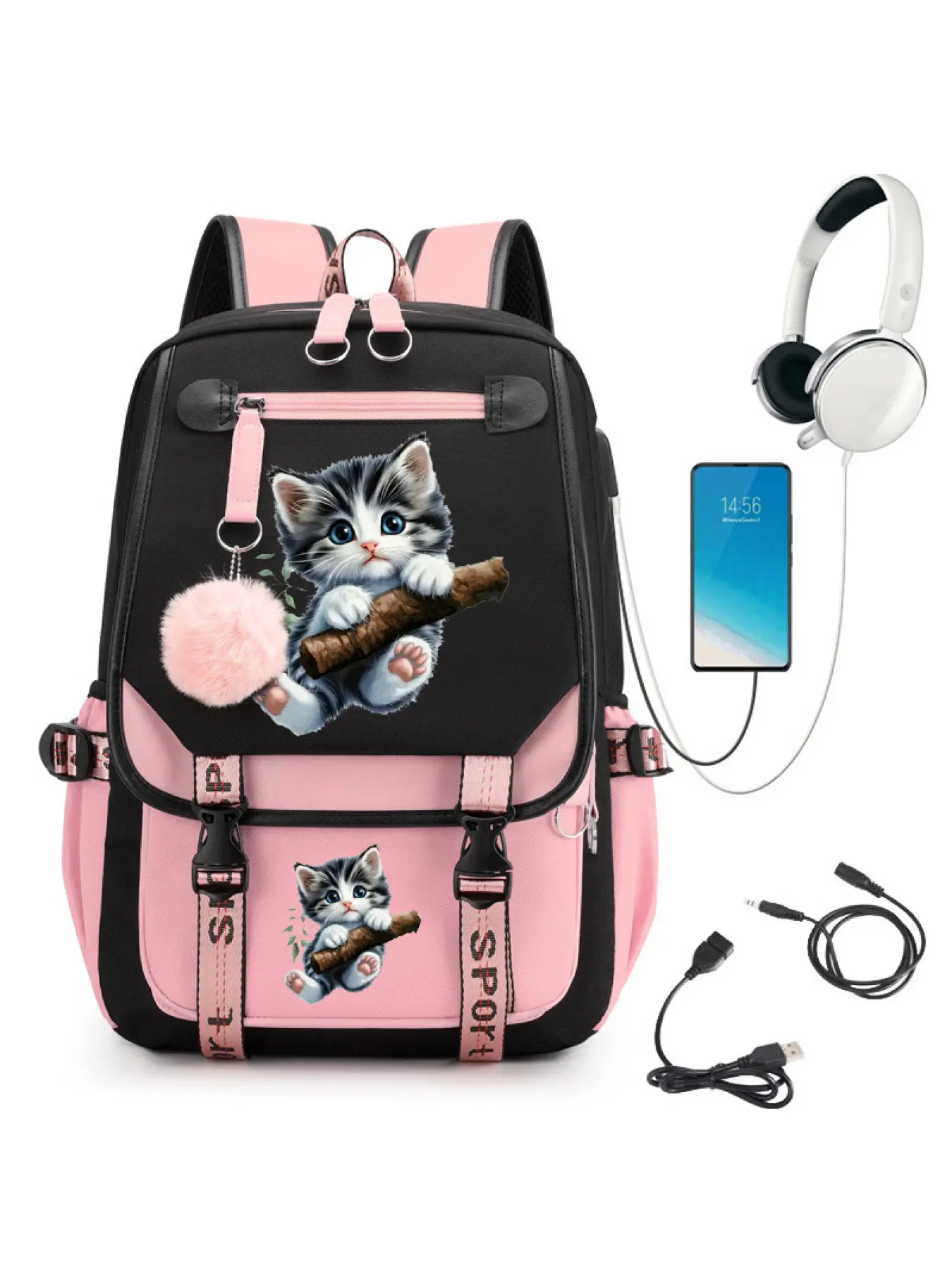 Back To School Cute Tabby Kitten Print Backpack For Teen Girls, School Backpacks, Purple Black Contrast Laptop Bookbag With USB Charging Port, Fluffy Pink Pom Pom Pendant, Large Capacity Waterproof Cat Student Rucksack For Middle High School Travel Daily