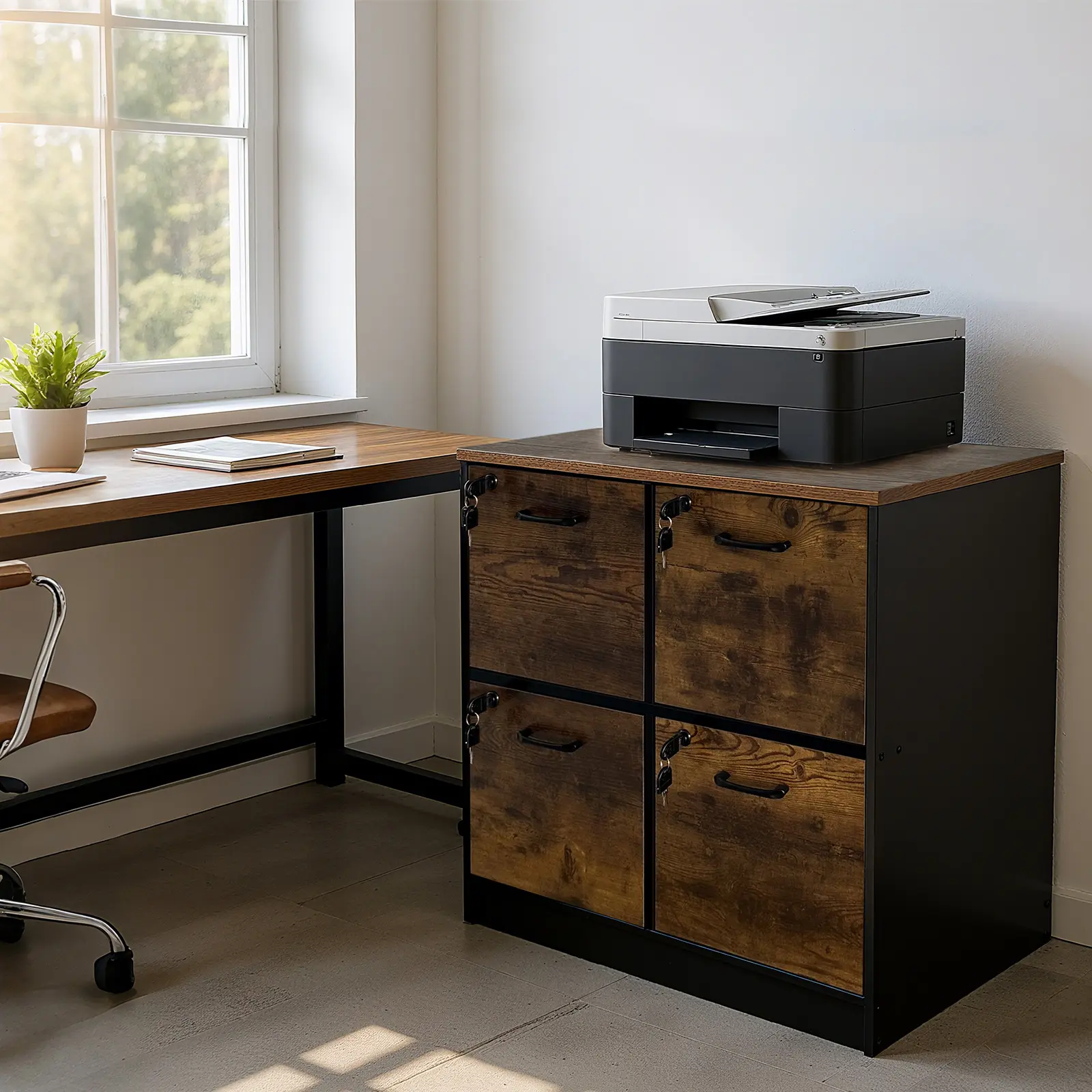 Lockable 4-Drawer Vertical Wooden File Cabinet with Printer Stand - Fits Letter/A4 Hanging Files, Office Storage Drawer Cabinet
