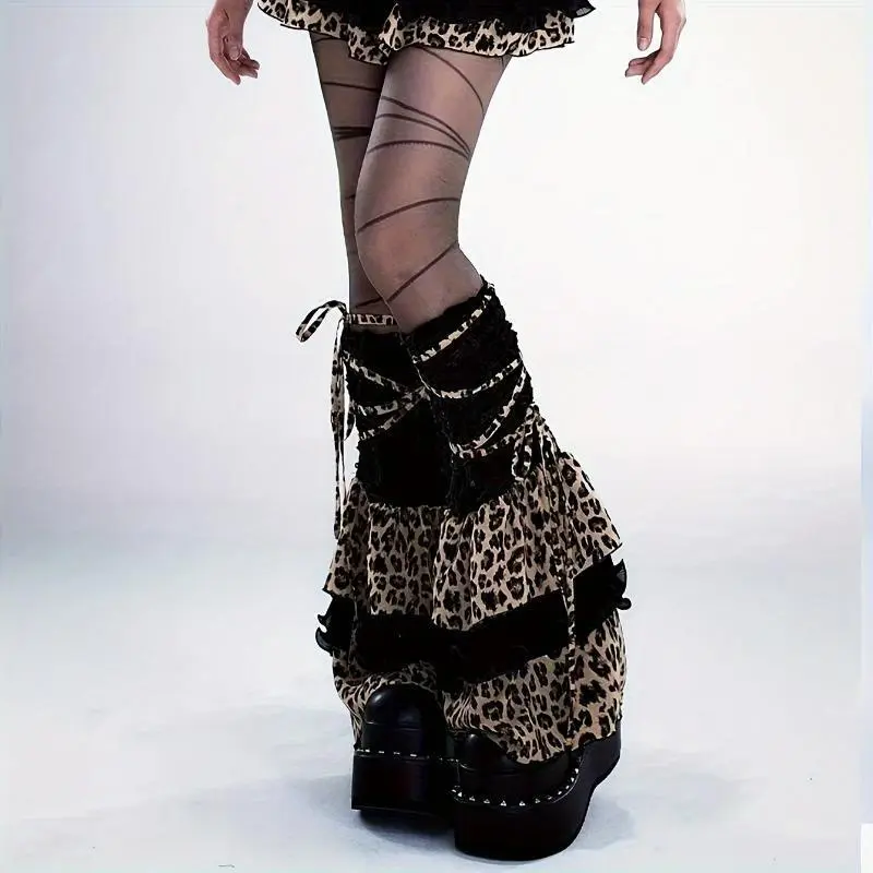 Women's 1-Pair Y2K Subculture Leopard Print Stacked Leg Warmers - Acrylic, Elegant Lace-Trimmed, Volumizing Design for Chunky Heel Boots (Skirt Not Included)
