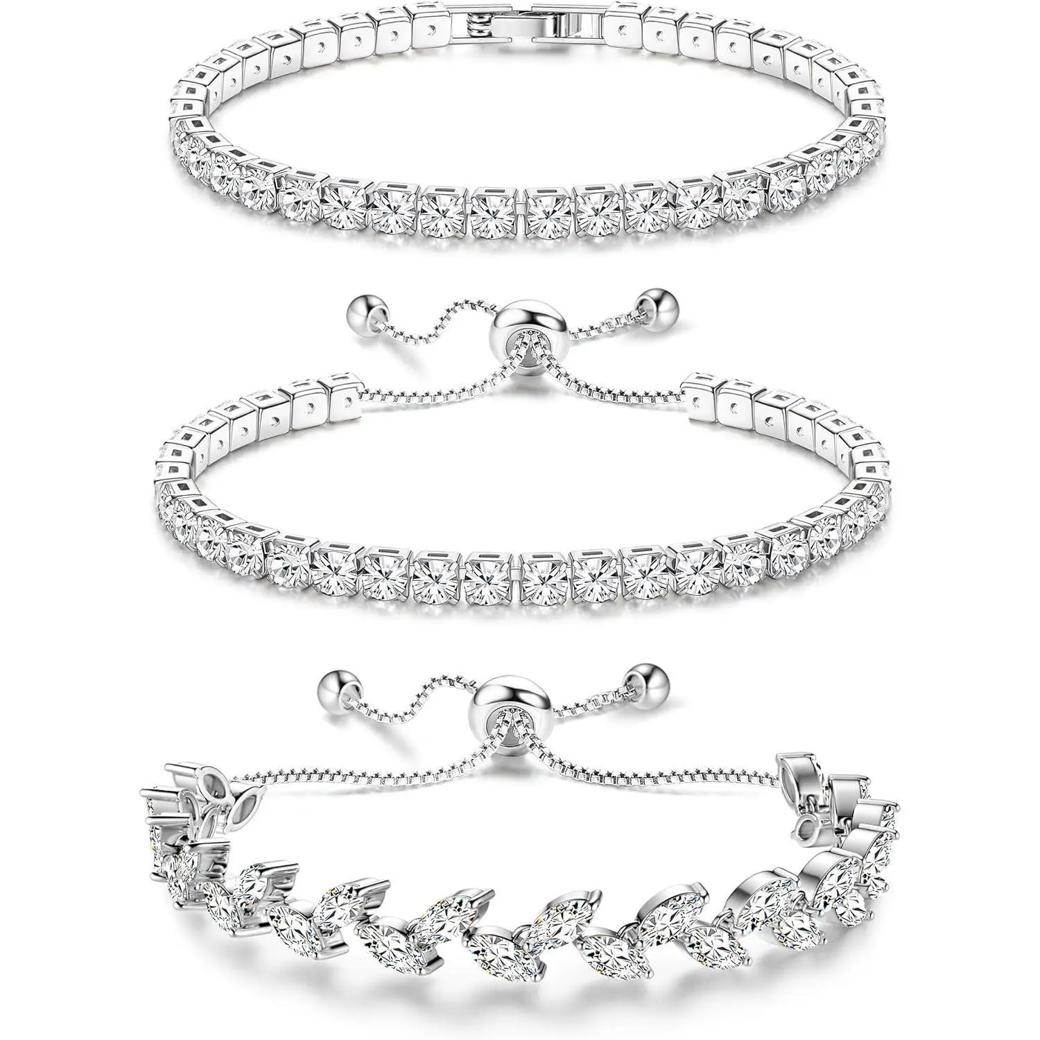 Tennis Bracelets For Women - Silver Plated Bracelet Stack Cubic Zirconia CZ Diamond Adjustable Stackable Bracelets Set For Prom Wedding Jewelry Gift 3Pcs