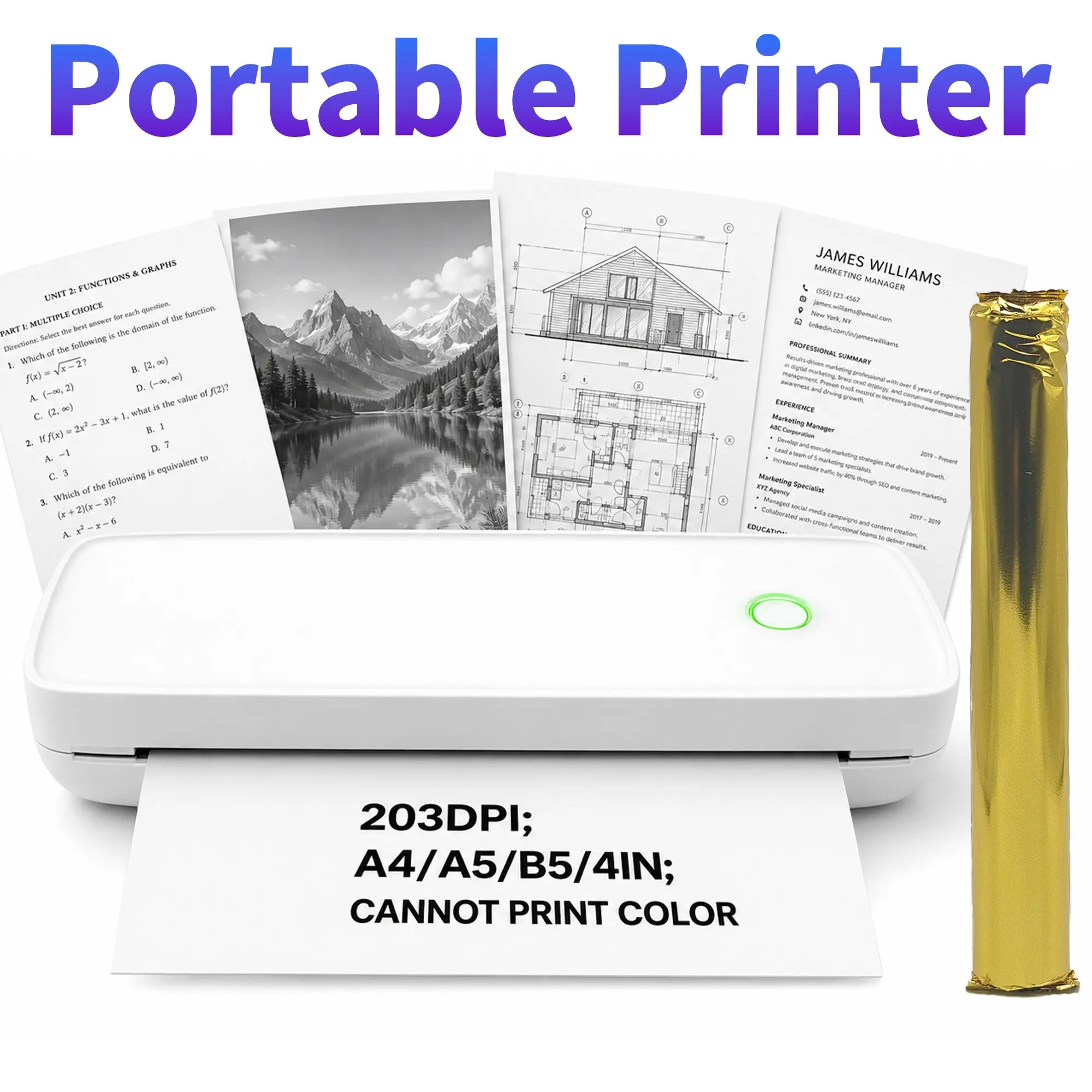 Portable Thermal Printer A80, Supports A4 Paper Size, Inkless, Compatible with iOS and Laptops, Ideal for Travel, Office, Home, Tattoo Stickers