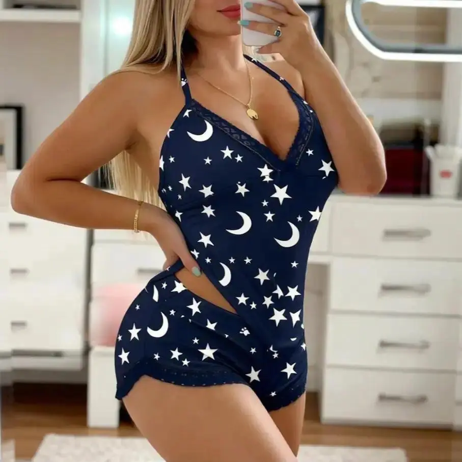 Trendy Lace Camisole Two Piece Loungewear, Soft Lightweight Comfortable Daily Pajamas for Women