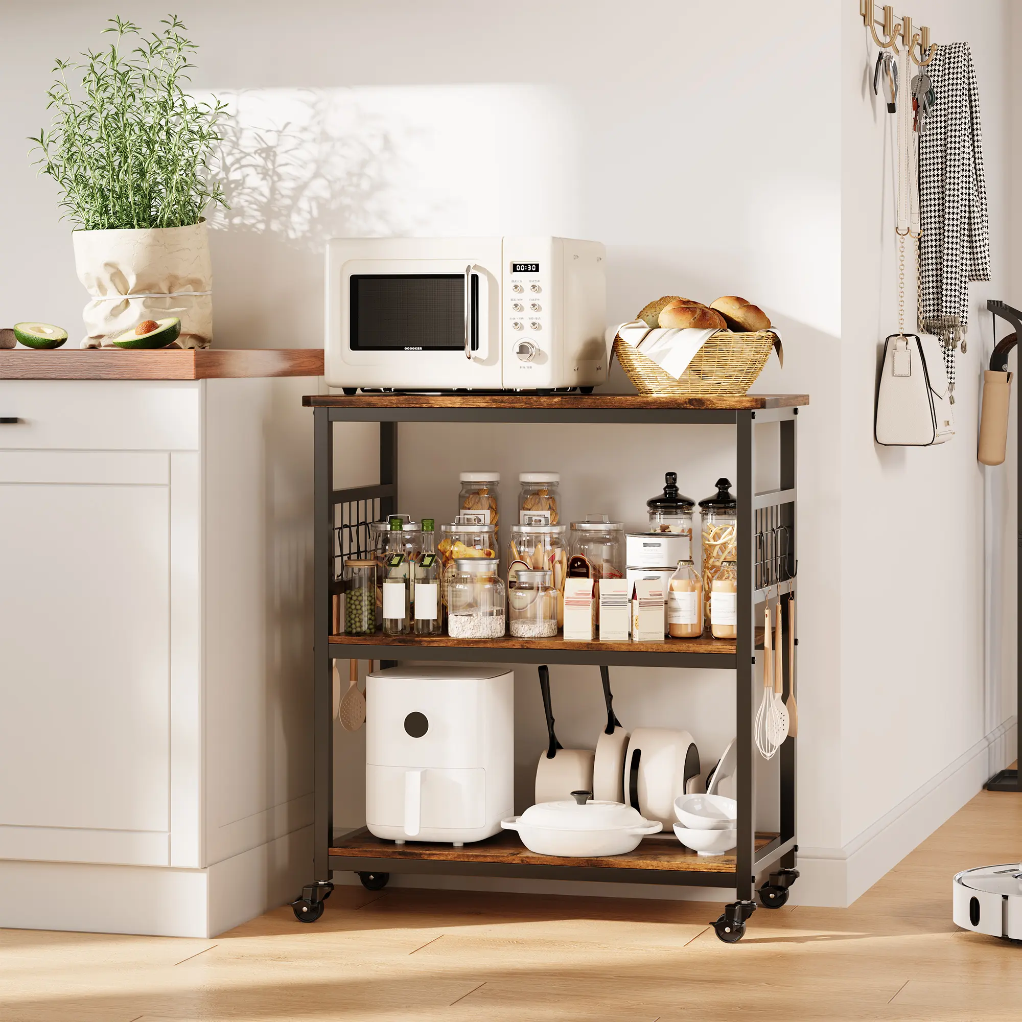 Spacious 3-Tier Kitchen Island Cart with Wheels – Utility Storage Rack – Bakers Rack, Mobile Kitchen Organizer
