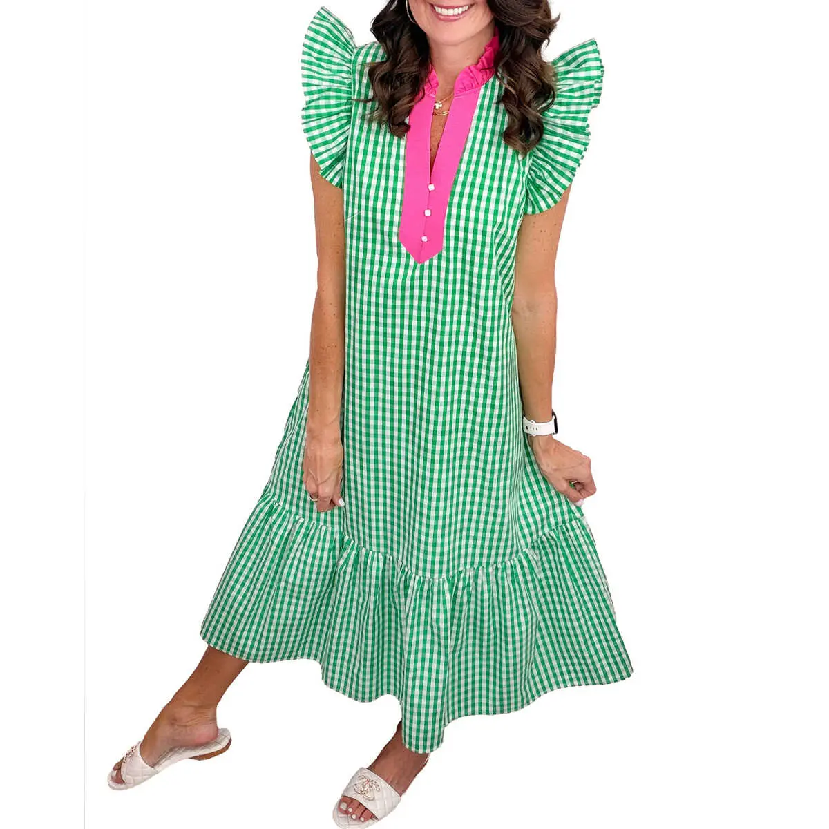 Casual Checkered Plaid Midi Dress for Women, Cotton Blend Shift with Ruffled Cap Sleeves, Pockets and Colorblock Placket, Sleeveless, Checkered Plaid Casual Dresses, V Neck, Checkered Print
