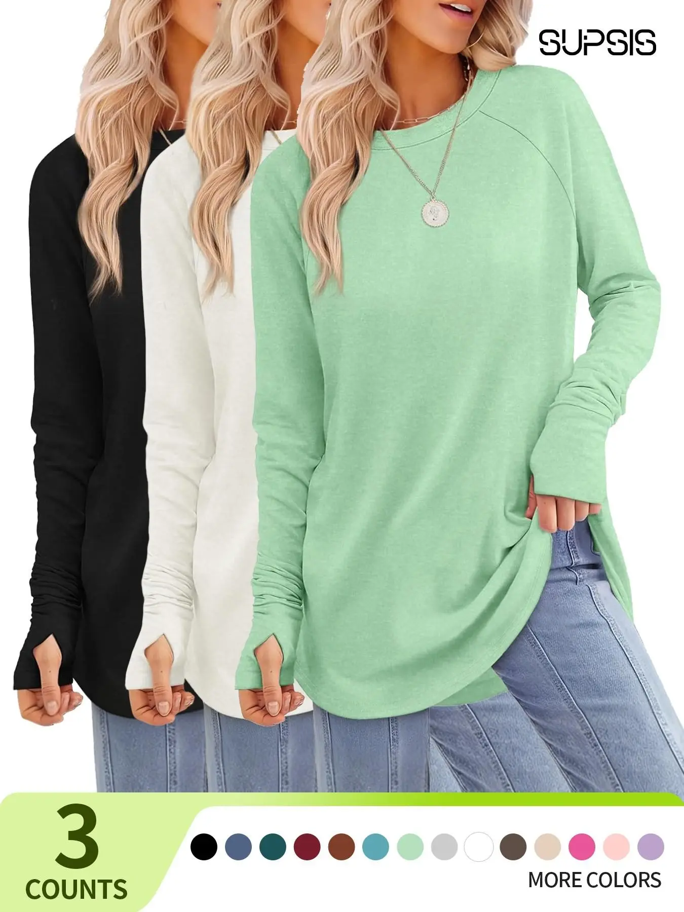 Women's Casual Basic Baggy Loose-Fit Tunic Top, Long Sleeve Thumbhole Shirt, Crew Neck Design, All-Season Comfortable Fabric,TikTokShopBlackFriday,#BlackFriday#
