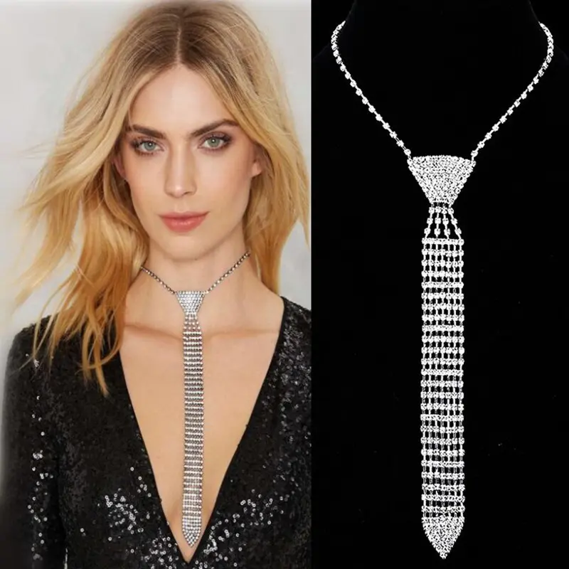 Full Rhinestone Tassel Tie Necklace Women Sparkly Crystal Neck Choker Long Pendant Jewelry For Nightclub Rave Party Wedding Evening Prom Costume Accessory, Birthday, Cosplay Costume, Photoshoot, Adjustable Rhinestone Neck Chain, Female, Layered Tassel, Al
