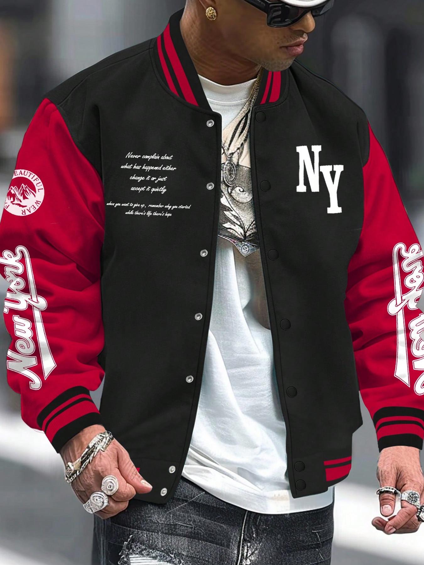 Men's Colorblock & Letter Print Button Front Pocket Varsity Jacket, Regular Fit Casual Drop Shoulder Mock Neck Outerwear for Fall & Winter, Men's Clothes for Daily Wear, Casual Athletic Jacket