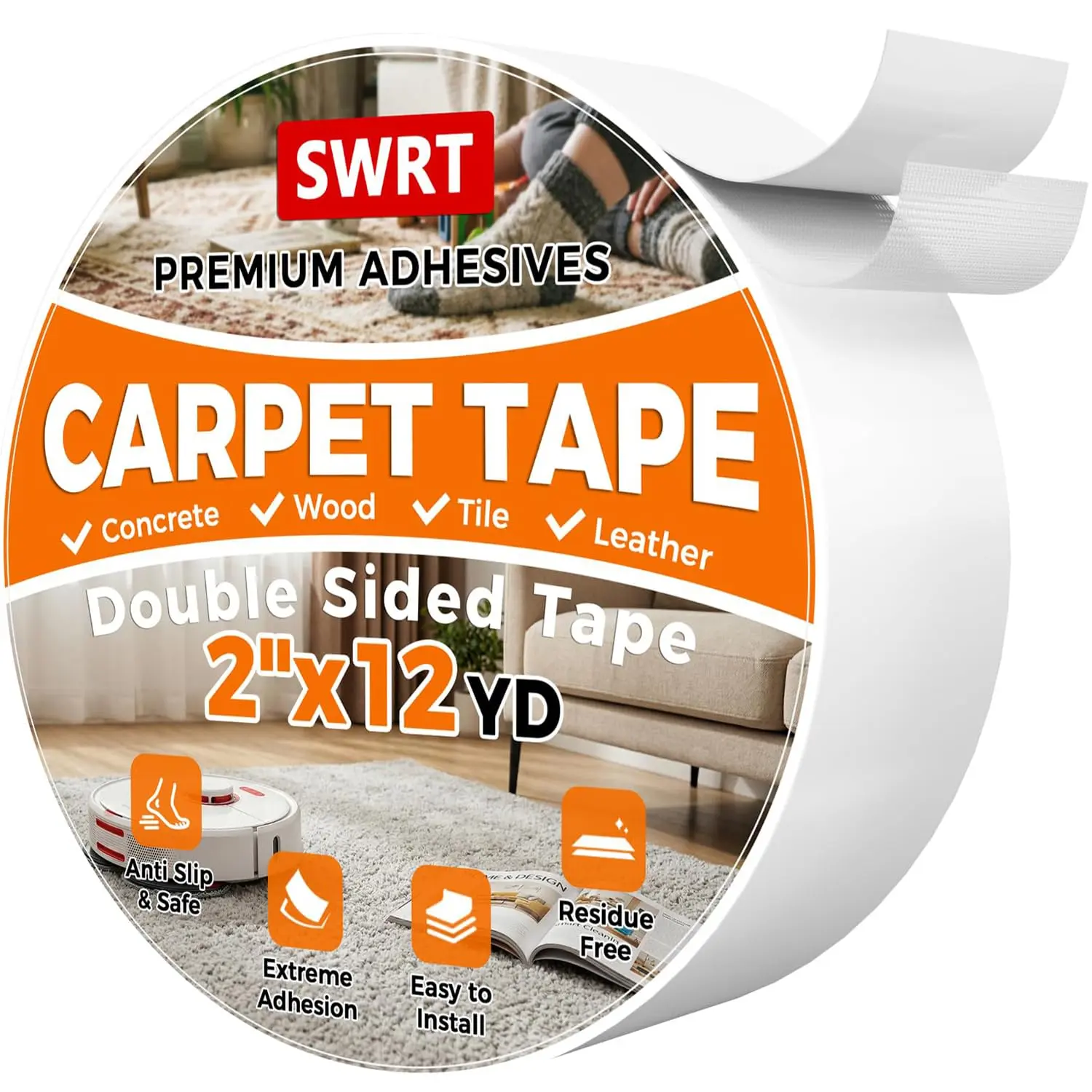 Double Sided Carpet Tape, 2 Inch x 12 Yards Rug Tape for Hardwood Floors, Heavy Duty Anti Slip Grip for Area Rugs,  Free,  Safe, Easy Removal for Tile and Laminate