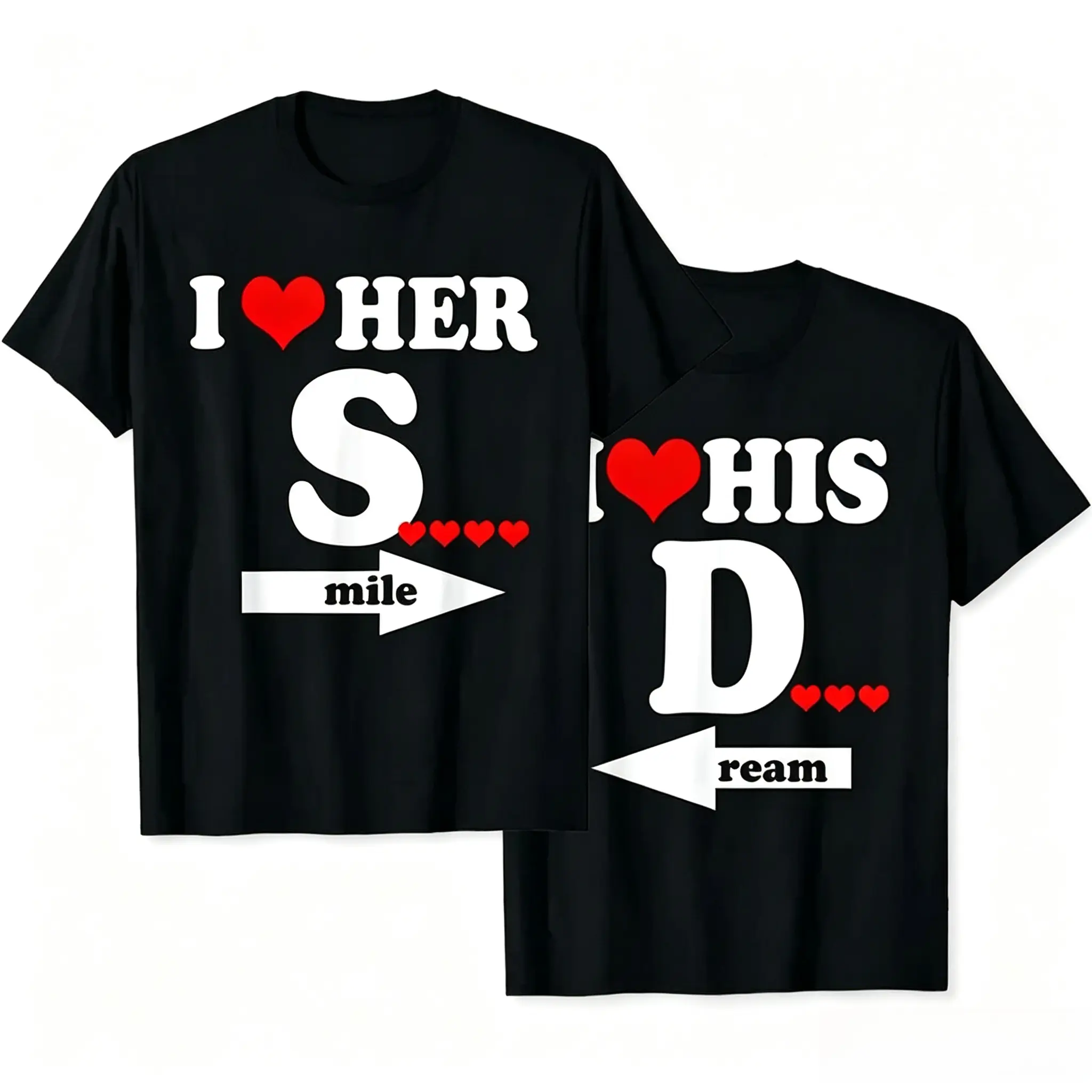 Funny Couples Matching Shirts, T-Shirt Featuring 'I Love Her' with a Red Heart Between 'I' And 'Her', And Four Red Hearts Above an Arrow, Gift For Him, Her, Graphic Round Neck Shirt