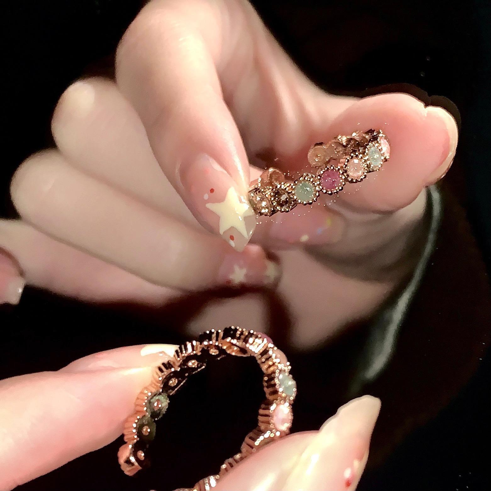 Women’s Unique Rainbow Zircon Open Ring | Light Luxury Minimalist Versatile Design | Adjustable Index Finger Ring Gift for Her Retro Goku Black cover Gold Plated Stacking