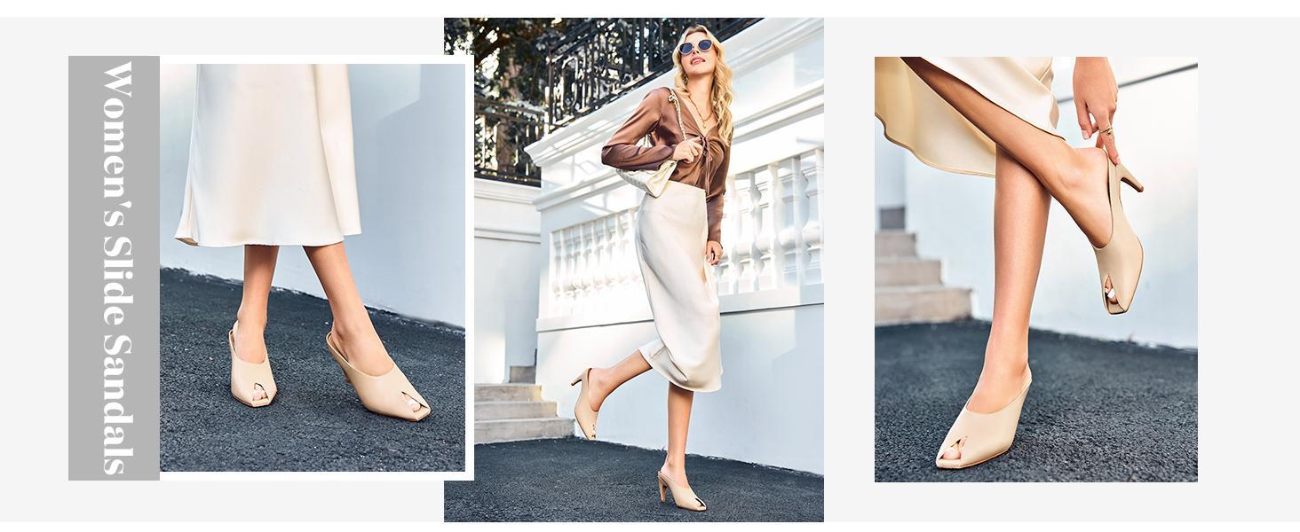 Imily Bela Womens Kitten Heels Mules Open Peep Toe Slide Sandals Slip On Summer Dress Shoes