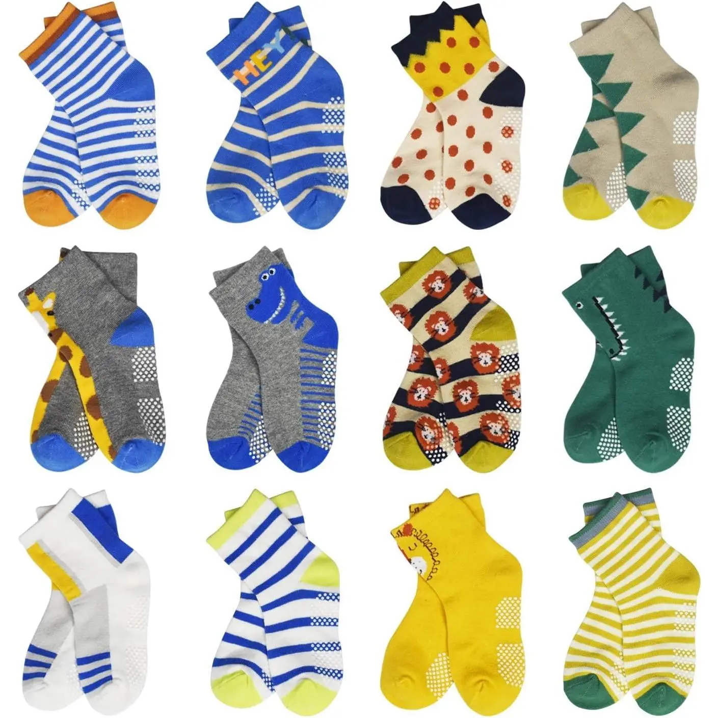 Toddler Grip Socks, 12-Pair Non-Slip Cotton Socks for Boys & Girls, Soft Anti-Skid Socks with Grippers for Ages 1-7T
