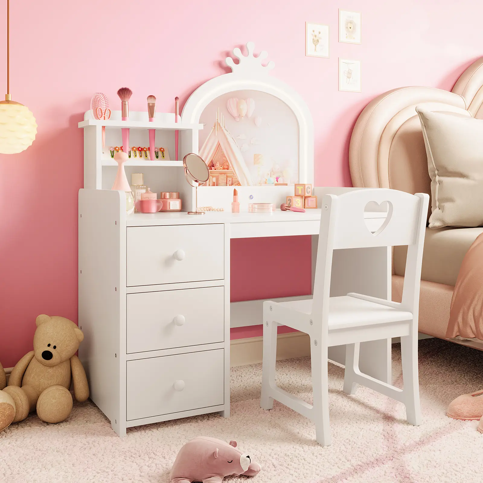 Vanity Table and Chair Set, Crown-Shaped Mirror with LED Lights, Makeup Vanity Desk with Drawers, Brush Holders & Storage Shelves, Wooden Little Princess Dressing Table