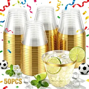 50PCS Gold Durable Plastic Cups, 9 oz Elegant Clear Plastic Cups, Gold Rimmed Wine Glasses, Fancy Party Cup, Wedding Cup, Sturdy & Food Safe Plastic Cups, Stemless Wine Glasses for Wedding Graduation Birthday Wine Cocktail Punch, Perfect for Party
