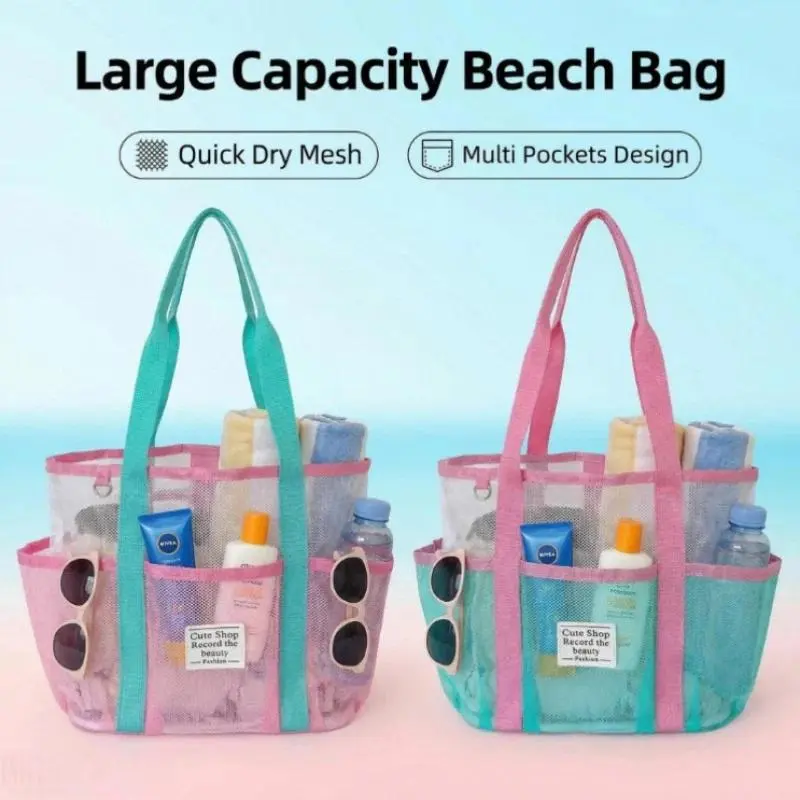 Pink Swimming Bag Large Capacity Vacation Beach Bag Portable Tote Mesh Sport Storage Bag Breathable Travel Toiletry Shower Bag