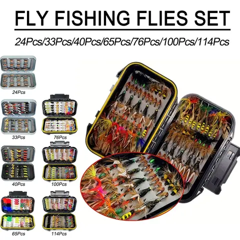 Fly Fishing Flies Kit, Fishing Lure Set, Handmade Fishing Lures, 24-114Pcs Handmade Fly Fishing Gear with Dry/Wet Flies, Streamers, Fly Assortment Trout Bass Fishing with Fly Box, Fishing Stuff