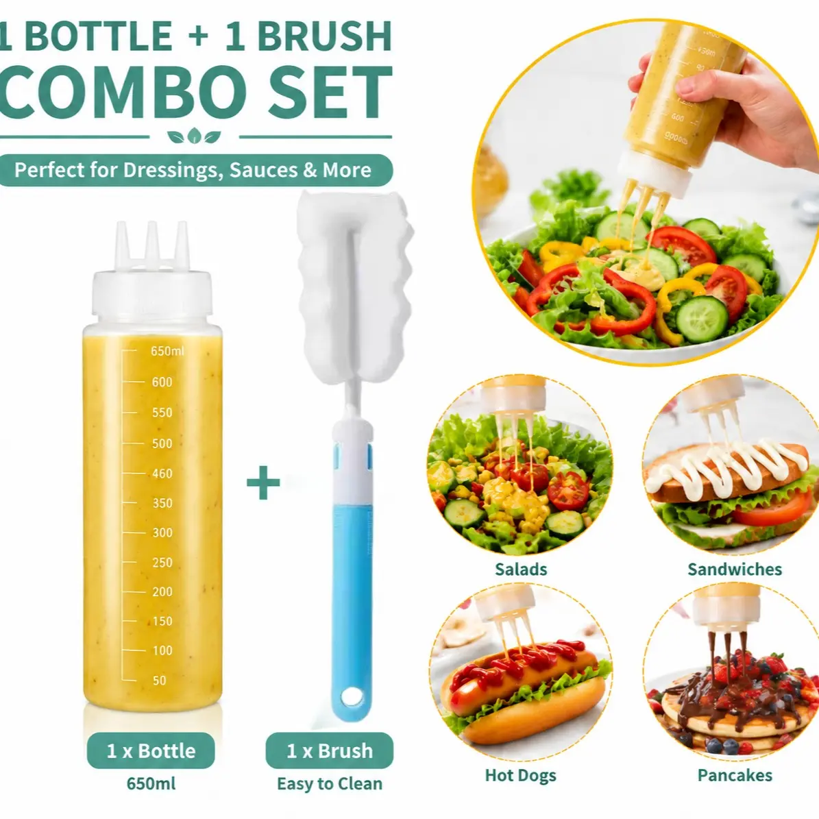 650ml Triple Nozzle Squeeze Sauce Bottle With Cleaning Brush Set, Plastic Condiment Dispenser For Ketchup Mustard Salad Dressing Burger Hot Dog Pancake, Reusable Clear Measuring Squeeze Bottles Kitchen Barbecue Picnic Accessory