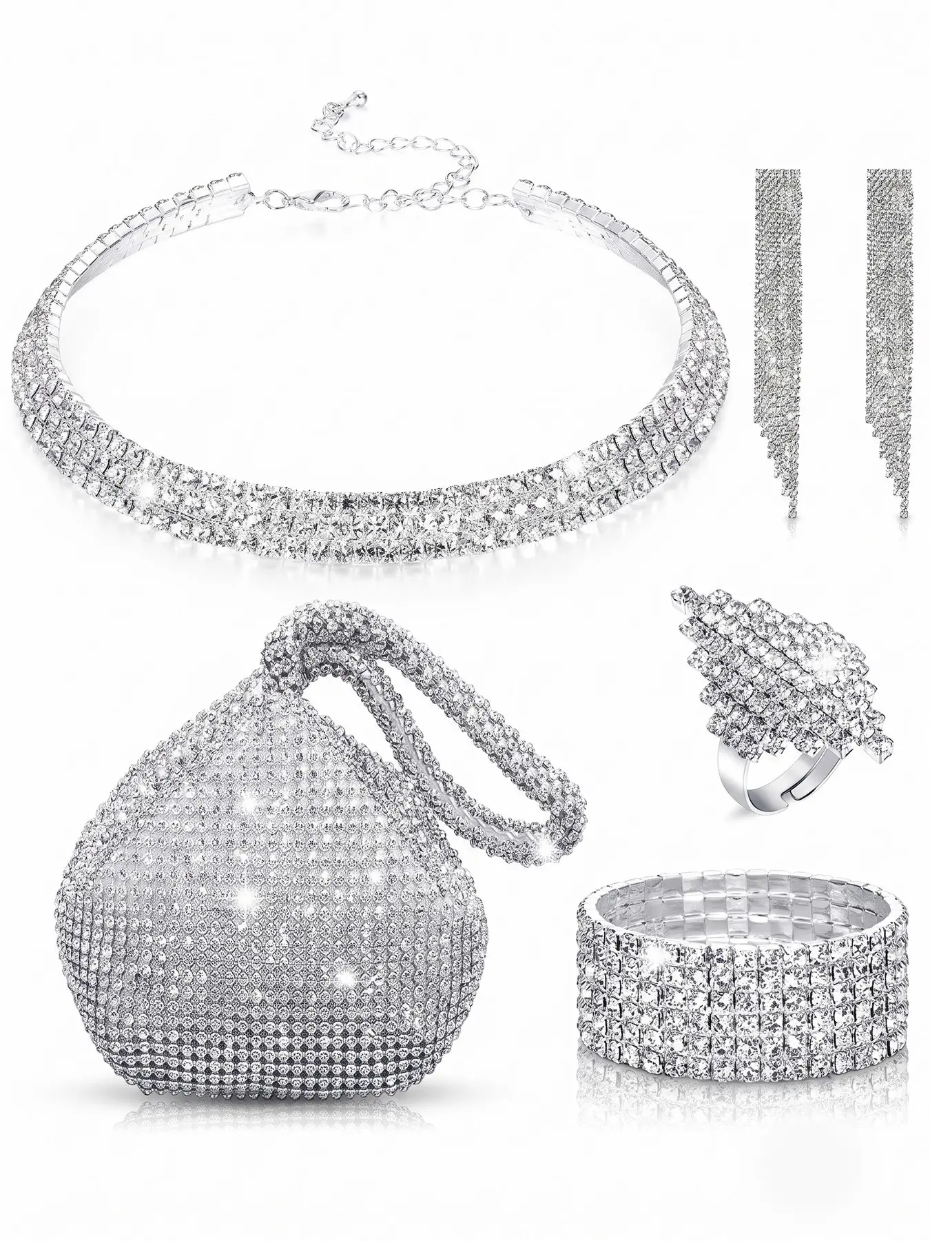 5Pcs Silver Rhinestone Pyramid Bag Jewelry Set for Women, Bling Triangle Wristlet Clutch Purse 3-Row Choker Necklace Stretch Bracelet Linear Dangle Fringe Earrings Shield Ring Pack, Prom Wedding Party Accessories