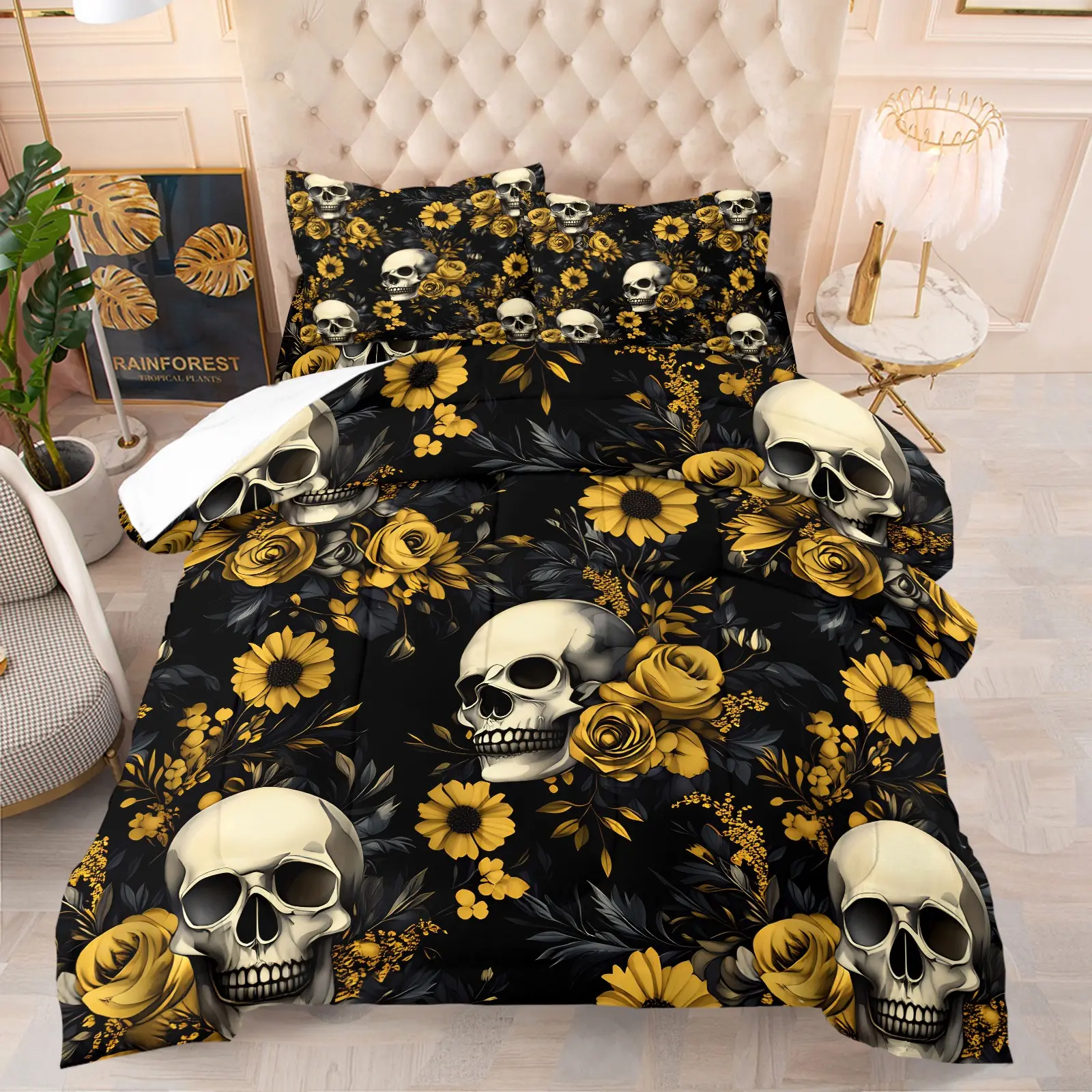 Gothic Yellow Floral Rose Skull Print Comforter Set, Includes 1 Comforter & 1-2 Pillowcases, Dark Gothic Flower Skull Pattern Print, Gift for Kids, Teens and Adults, Gothic Art Gift for Skull Decor Fans