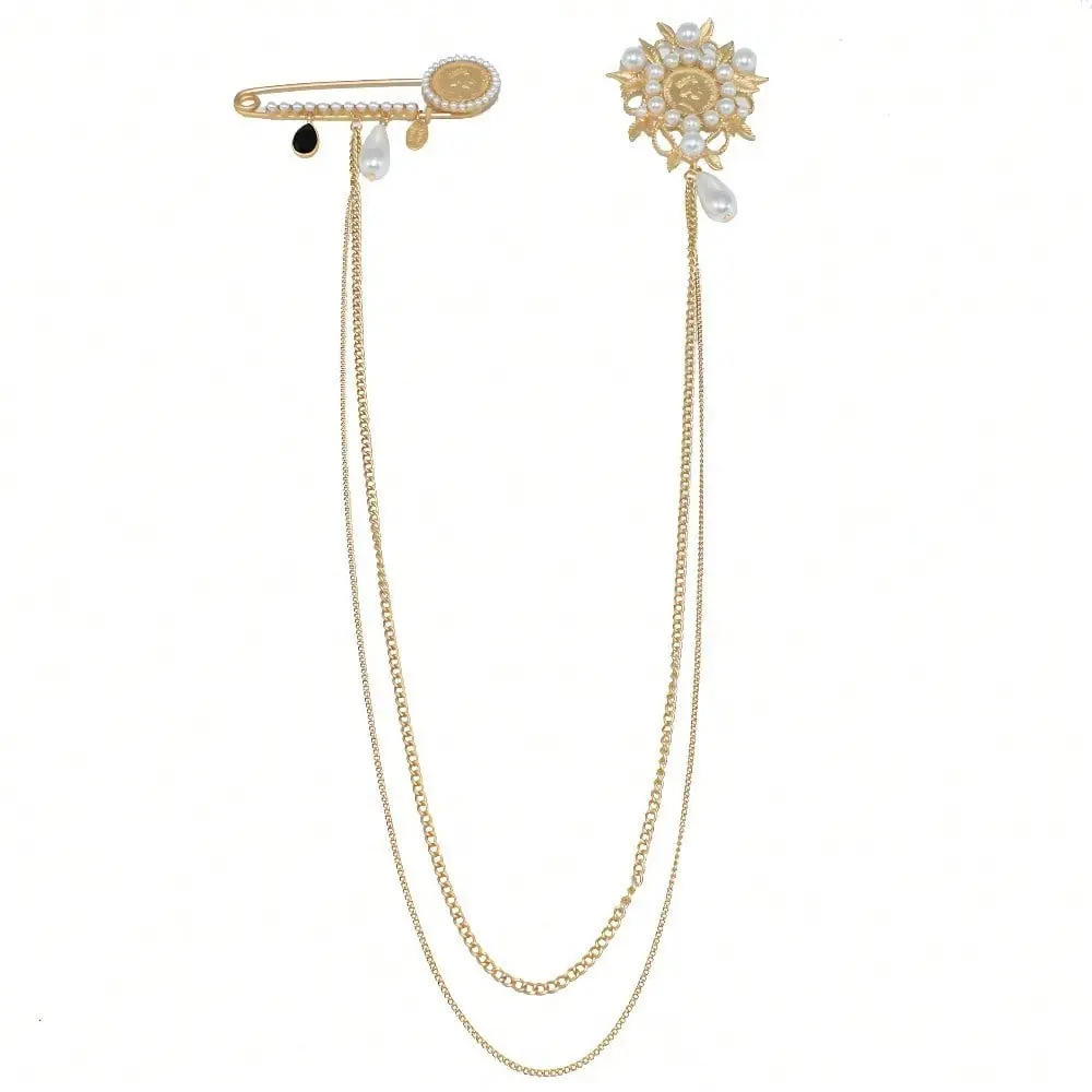 Double Brooch Pearl Floral Tassel Chain Pin Unisex Vintage Gold Lapel Gift