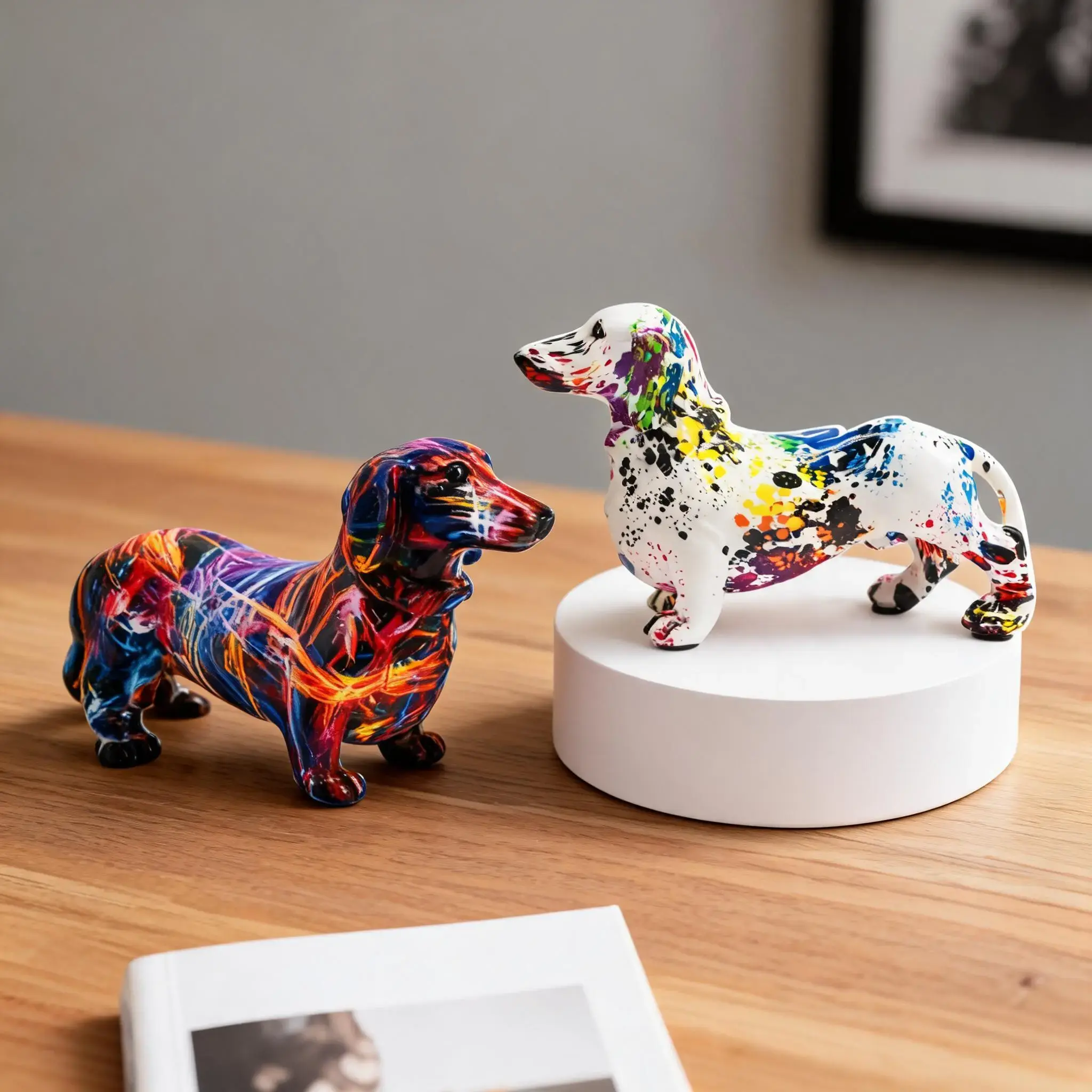 European Colorful Sausage Dog Figurine, Home Wine Cabinet Office Desktop Decoration, Craft Artwork Holiday Gift