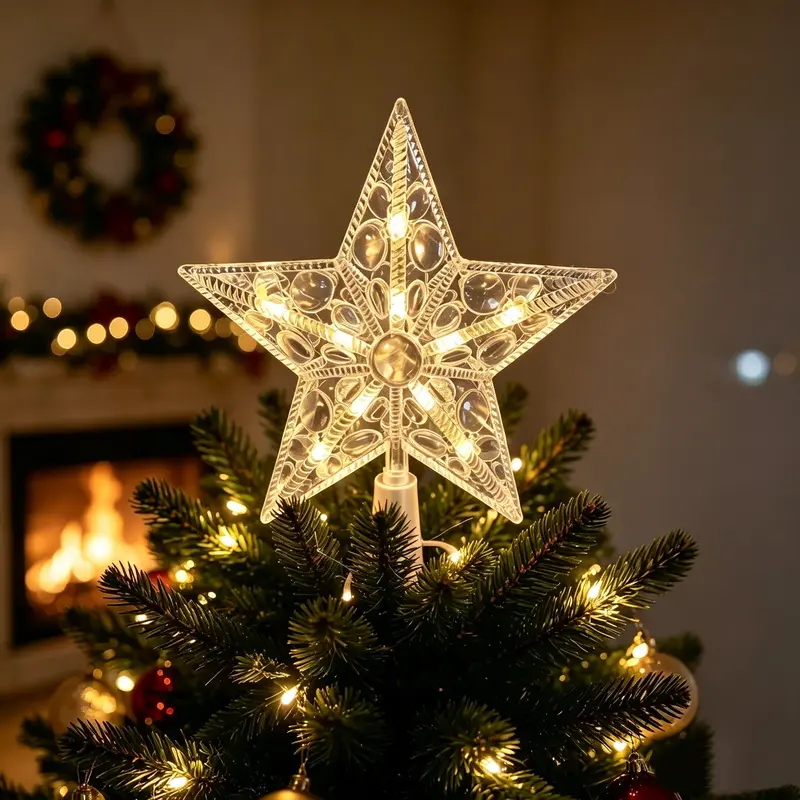 A creative water drop-shaped LED five-pointed star Christmas tree topper decoration, capable of emitting light, with a warm and cozy style, suitable for decorating Christmas tree tops in various places such as homes, yards, parks, and shopping malls.